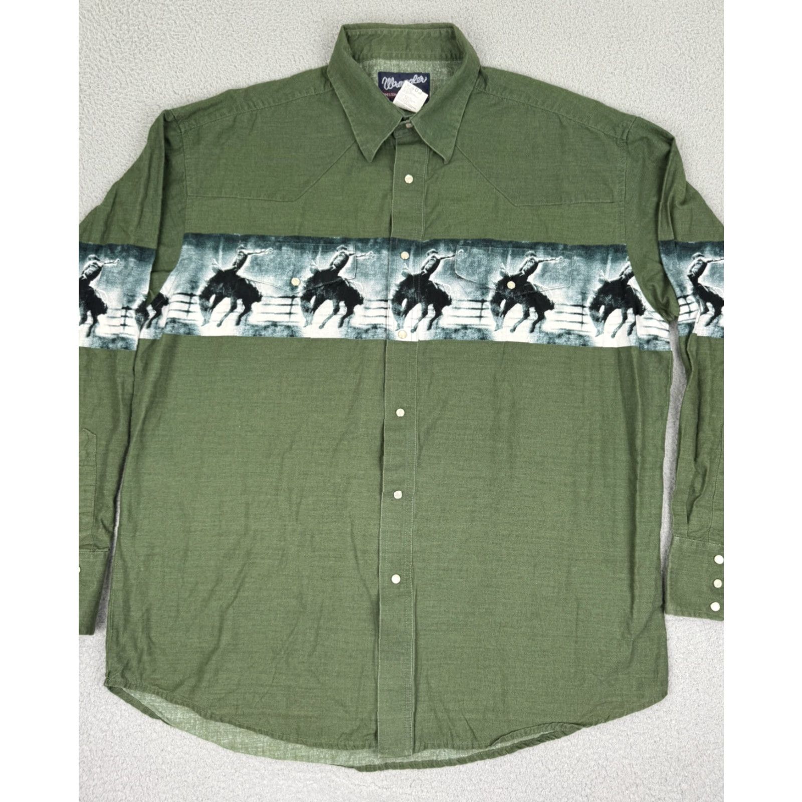 VINTAGE Wrangler Western Shirt Men XL Long Sleeve Green Cotton Cowboy Rodeo Button-up Western Apparel