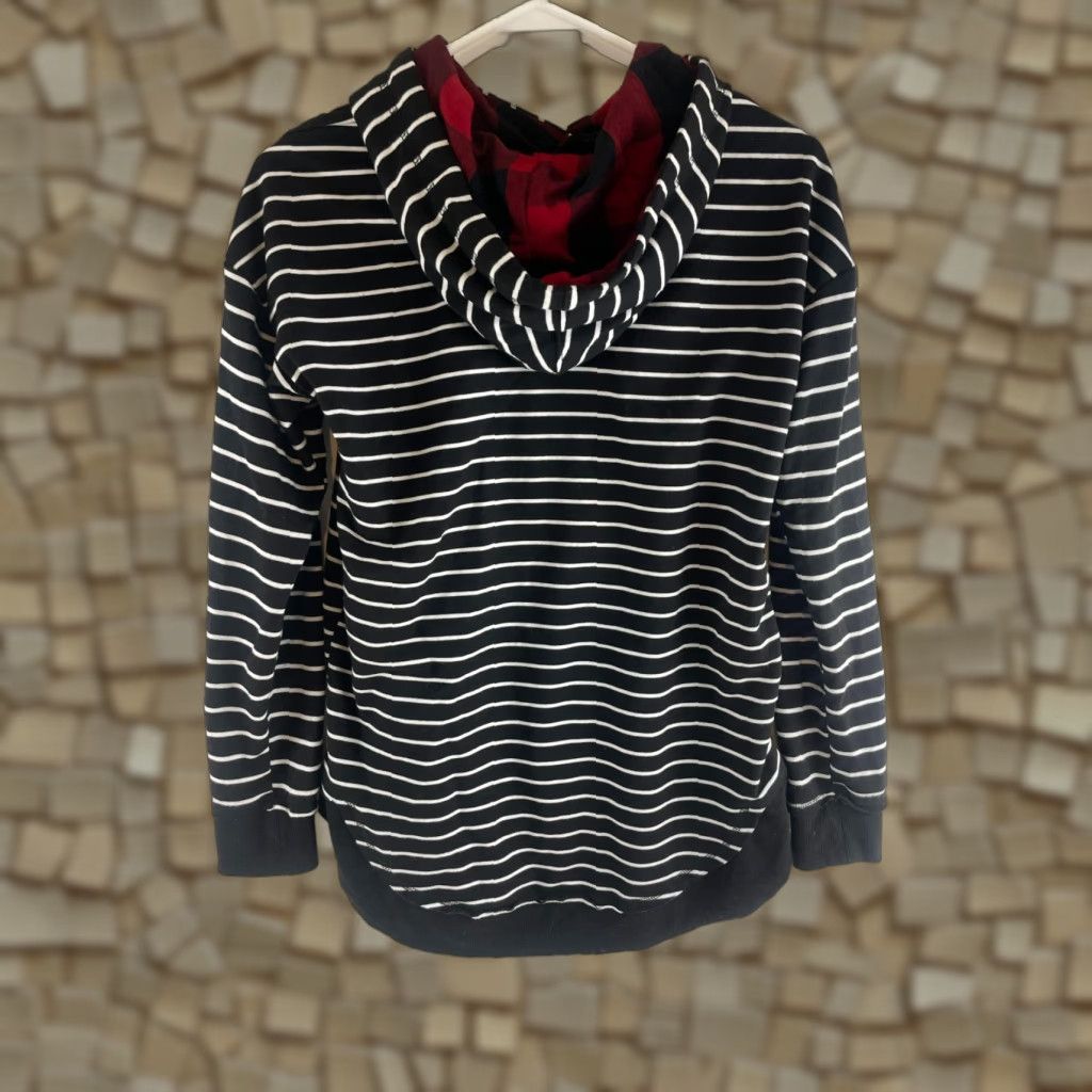 Vintage Maurices Hoodie Women’s Small Black White Stripe Fleece Lined Buffalo Check Pullover Activewear Size S / US 4 / IT 40 - 1 Thumbnail