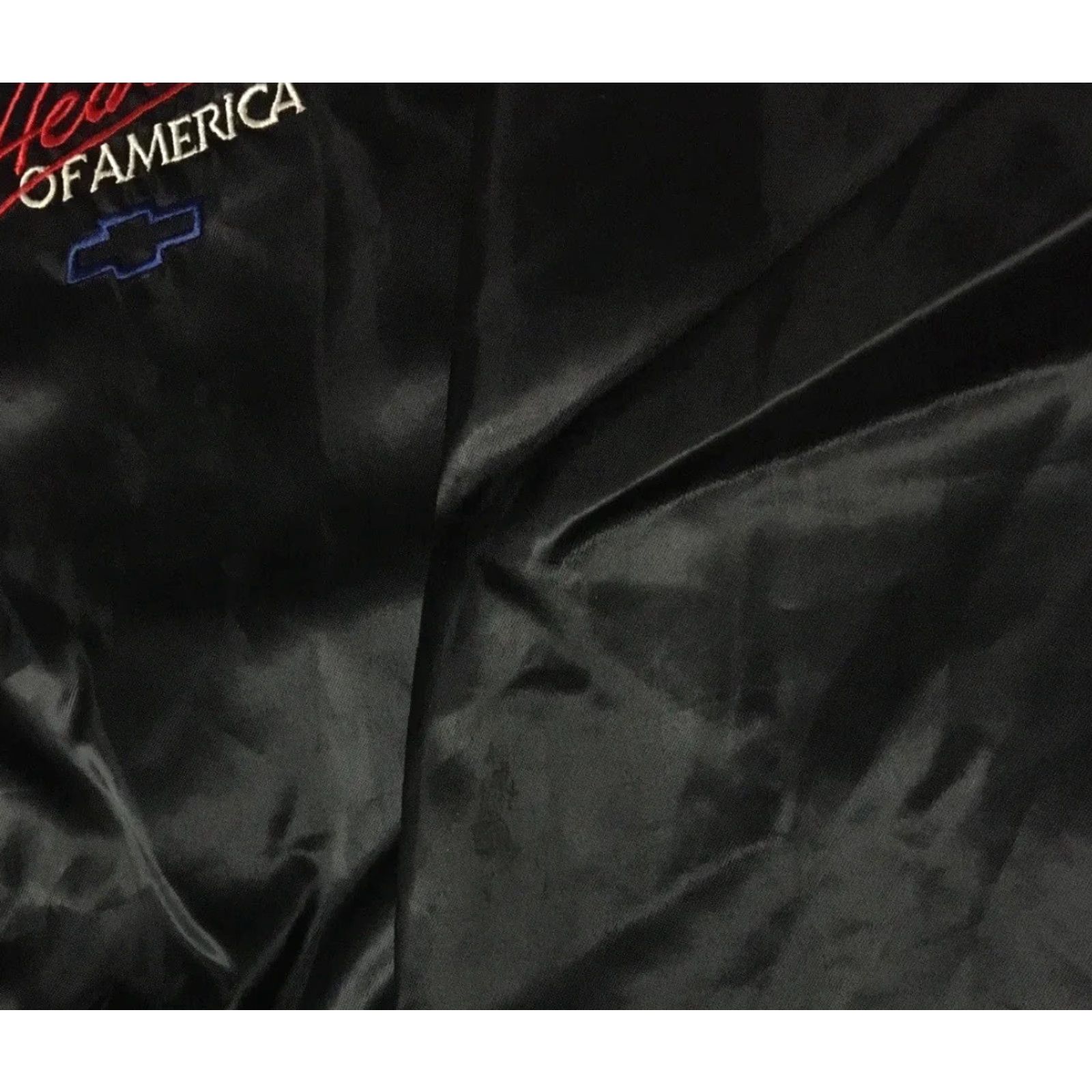NASCAR Vtg 80s Chevrolet Heartbeat Of America Satin Jacket L Racing Car NASCAR Grunge - Driving Bomber Jacket Mens Black Satin 80s USA Racing Car Retro Size US L / EU 52-54 / 3 - 7 Thumbnail