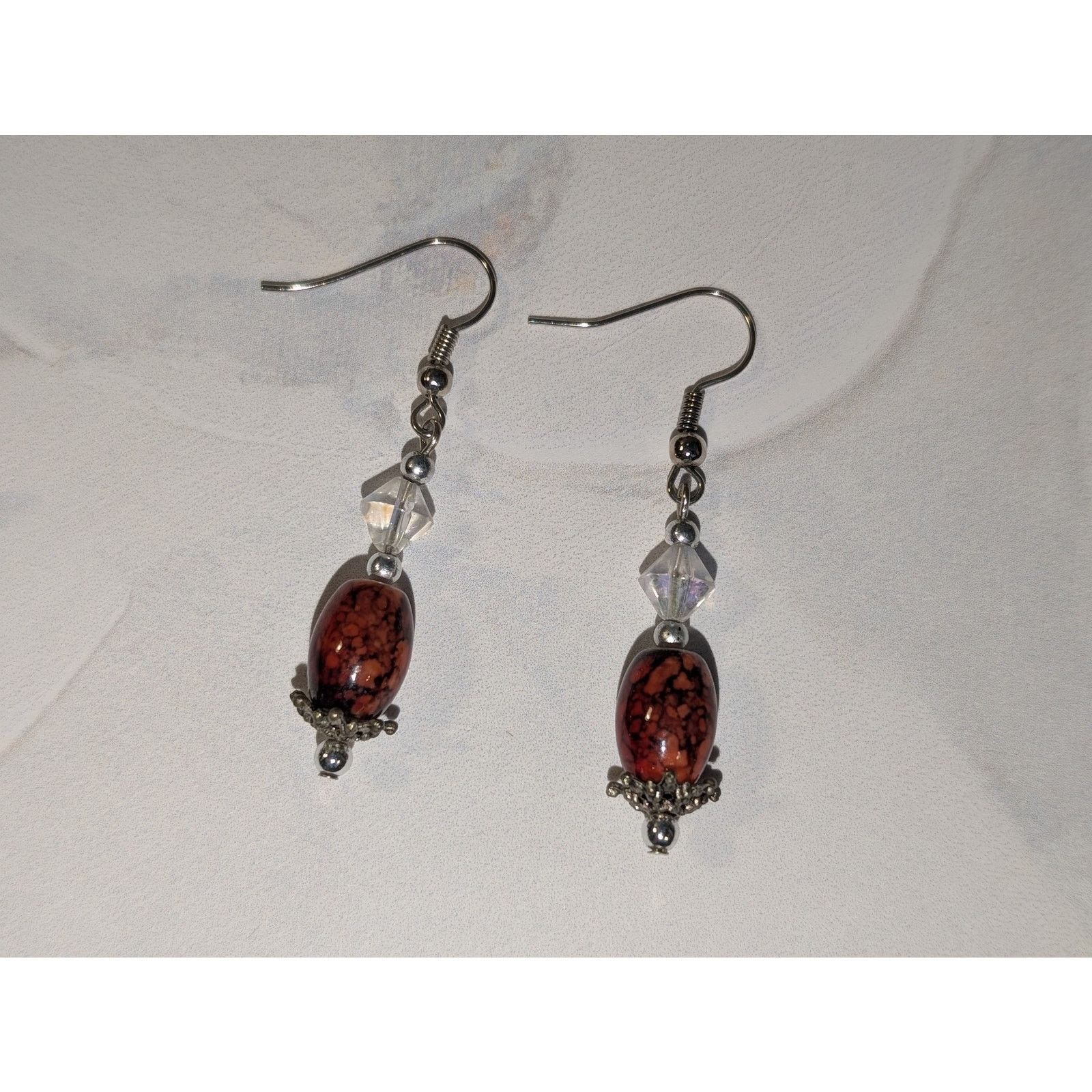 Vintage VTG 1980s Boho Silver-Tone Red Marbled Beaded Drop Earrings Size ONE SIZE - 2 Thumbnail