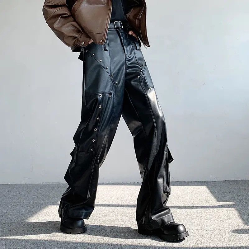 Japanese Brand × Leather × Vintage Leather Trousers Rivet Niche Design PU Casual Pants Size US 33 - 2 Thumbnail