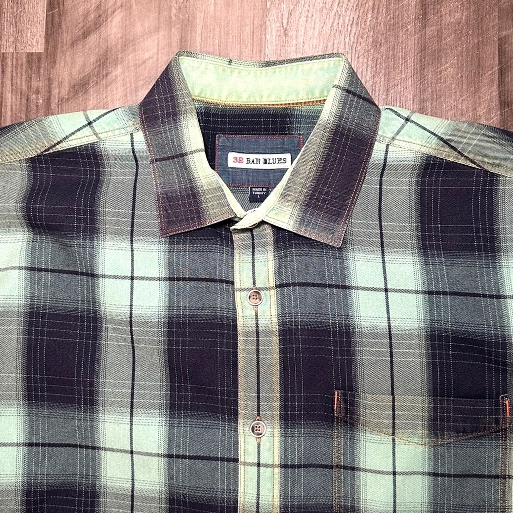 X-LARGE 32 Bar Blues Plaid Long Sleeve Button Down Large Men Shirt Green Size US L / EU 52-54 / 3 - 5 Thumbnail