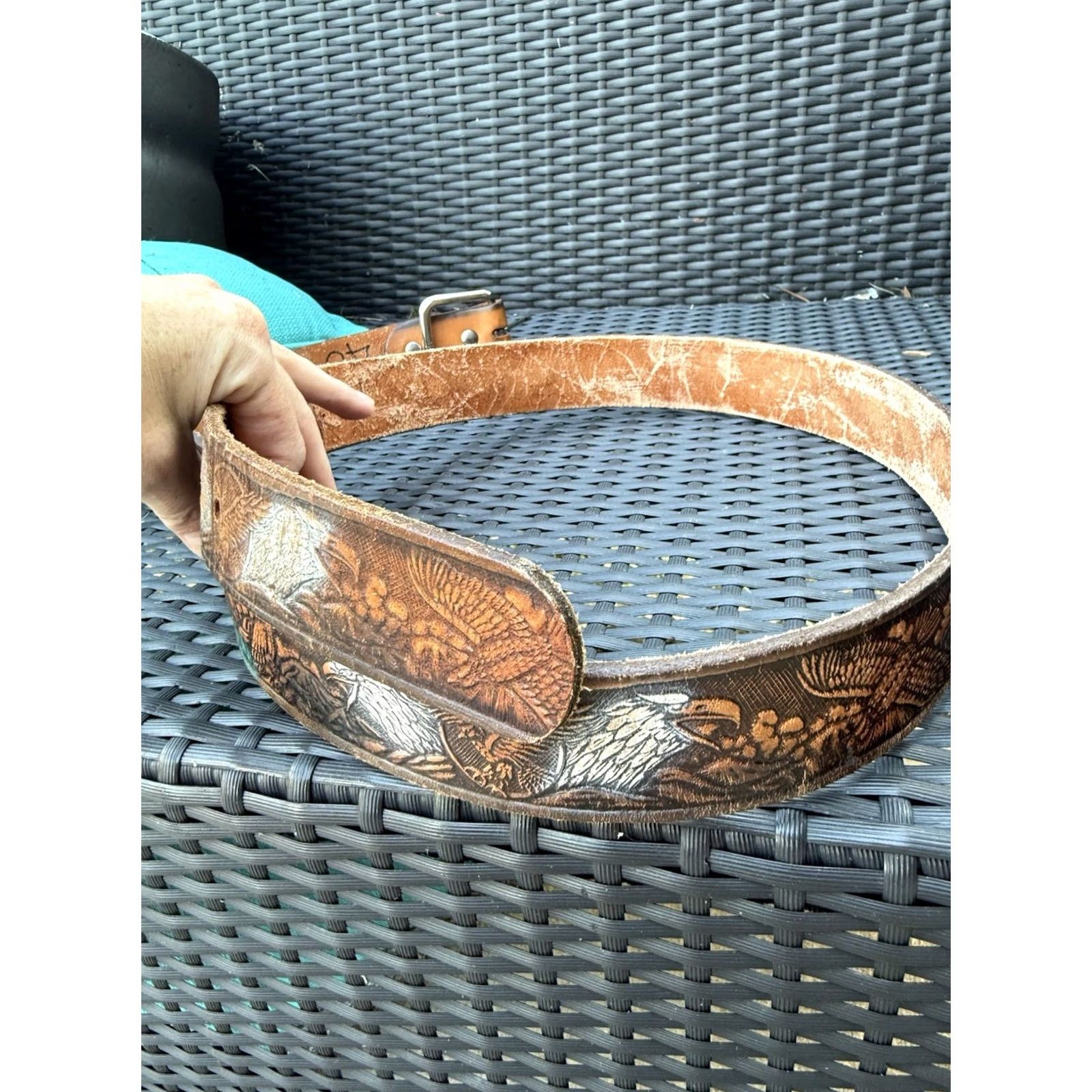 Vintage VINTAGE Leather Engraved Eagles America Leather Belt No Name 48 Belt Men Brown Western 90s Cowboy Rock Mens Size ONE SIZE - 3 Thumbnail