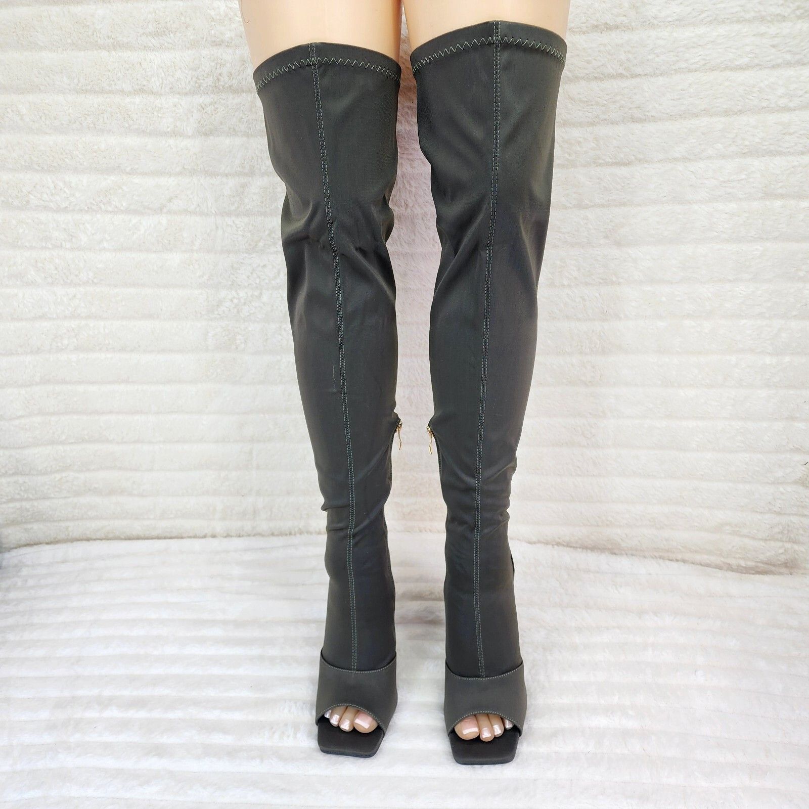 Other Vicky Olive Army Green Open Square Toe Stretch Thigh High He Size US 7 / IT 37 - 5 Thumbnail