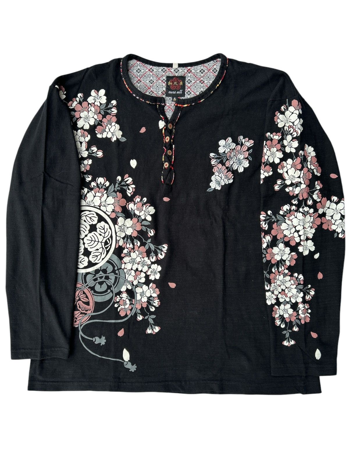 If Six Was Nine × Le Grande Bleu (L.G.B.) × Yohji Yamamoto Vintage Floral Henley Long Sleeve – Black Size US XXL / EU 58 / 5 - 11 Thumbnail
