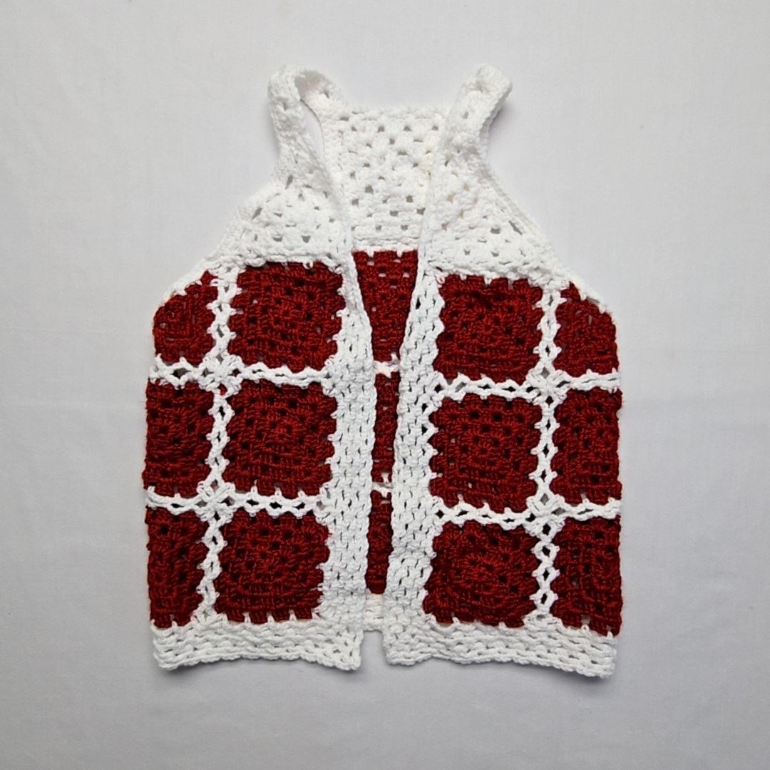 Handmade Red White Granny Square Sweater Vest Small Crochet Boho Top Size S / US 4 / IT 40 - 1 Thumbnail