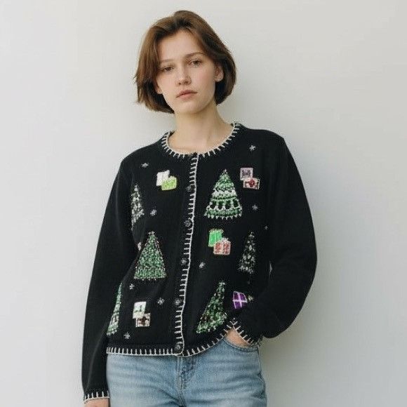 Other Vintage White Stag Beaded Black Festive Cardigan Sweater Size L / US 10 / IT 46 - 1 Thumbnail