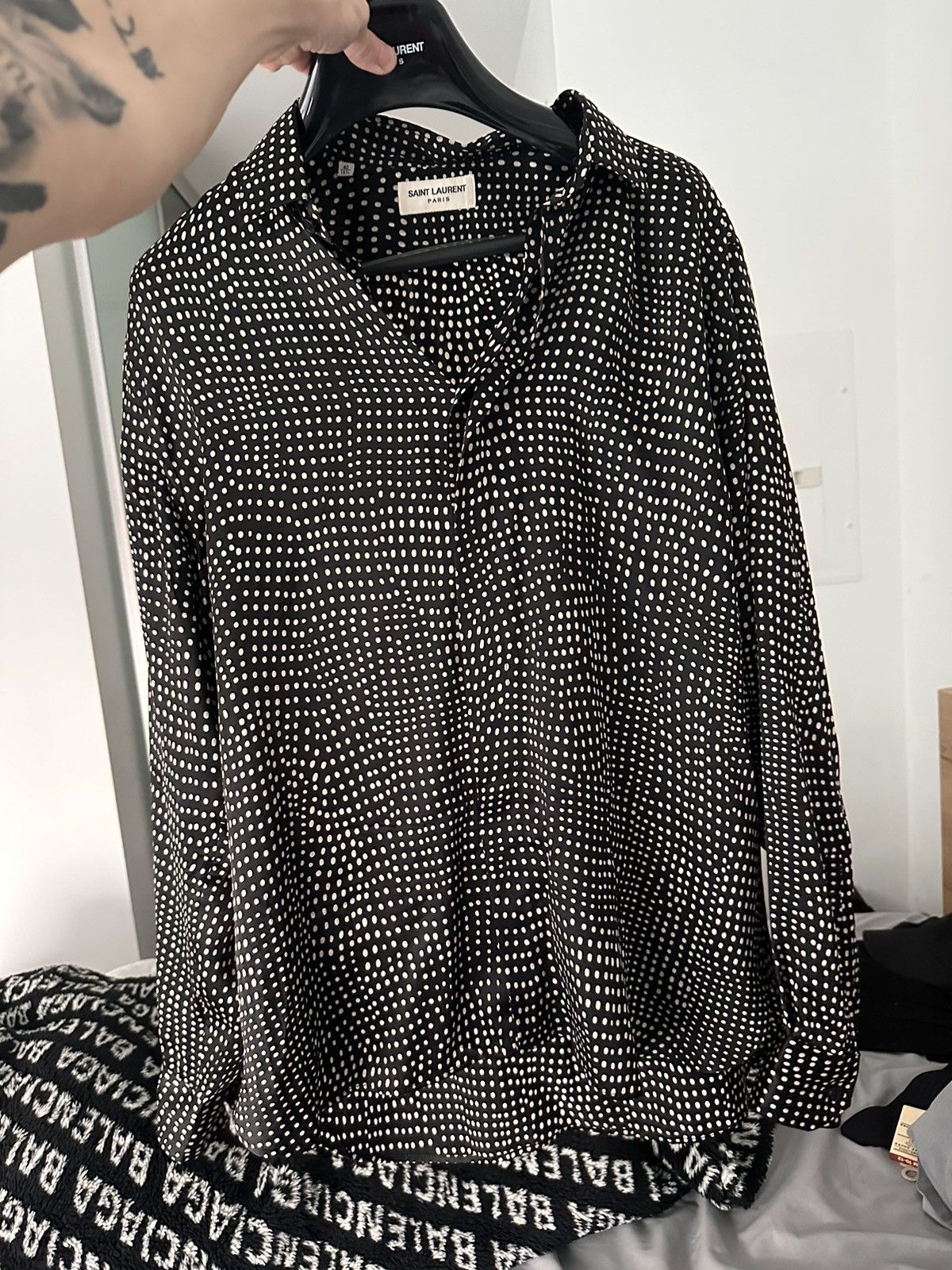 image of Saint Laurent Paris Silk Shirt Polkadot in Black, Men's (Size Medium)