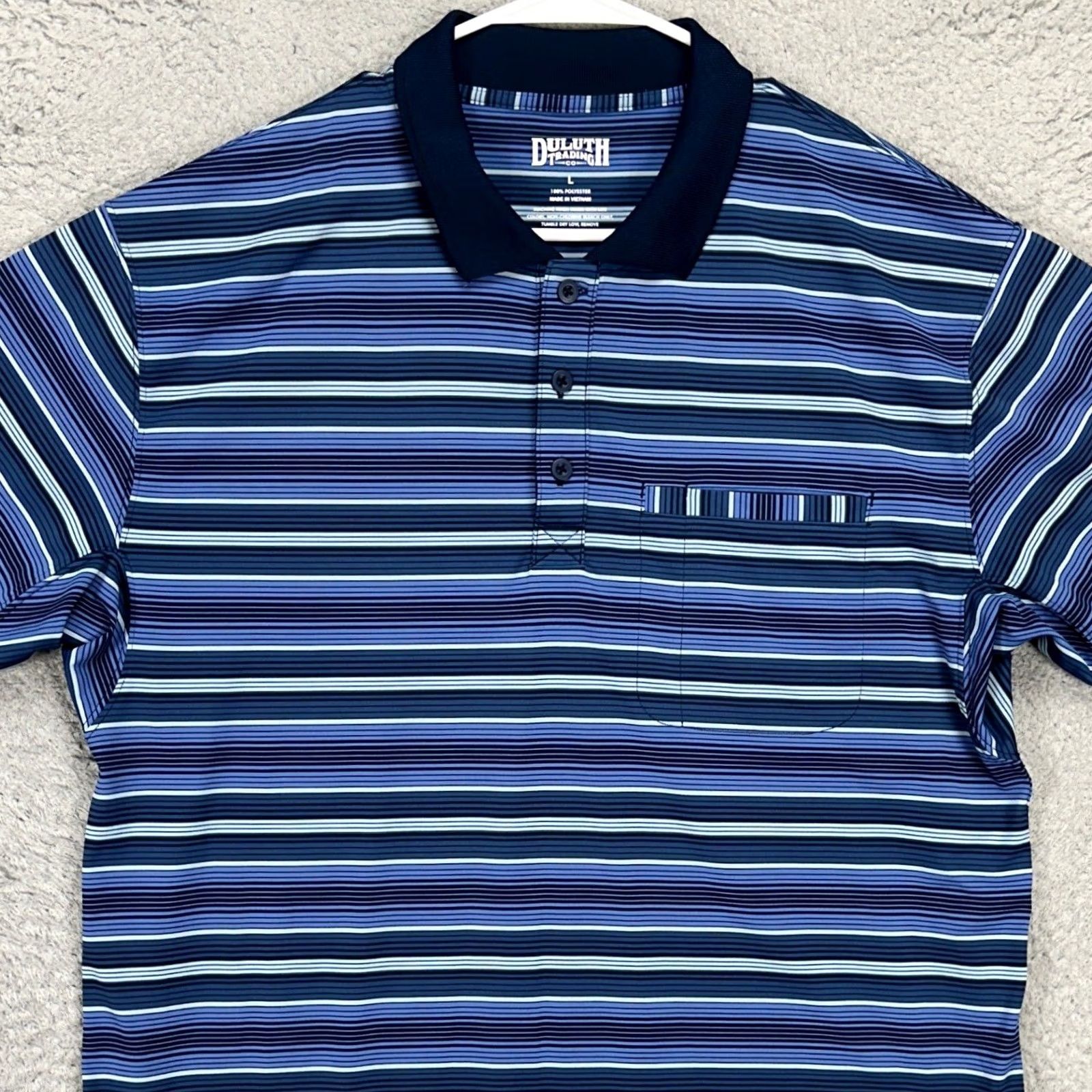 Duluth Trading Company Duluth Trading Co. Polo Shirt Mens Large Navy Blue Striped Short Sleeve Rugby Sanded Polyester Breathable Casual Outdoor Walking Comfort Mens Size US L / EU 52-54 / 3 - 2 Thumbnail
