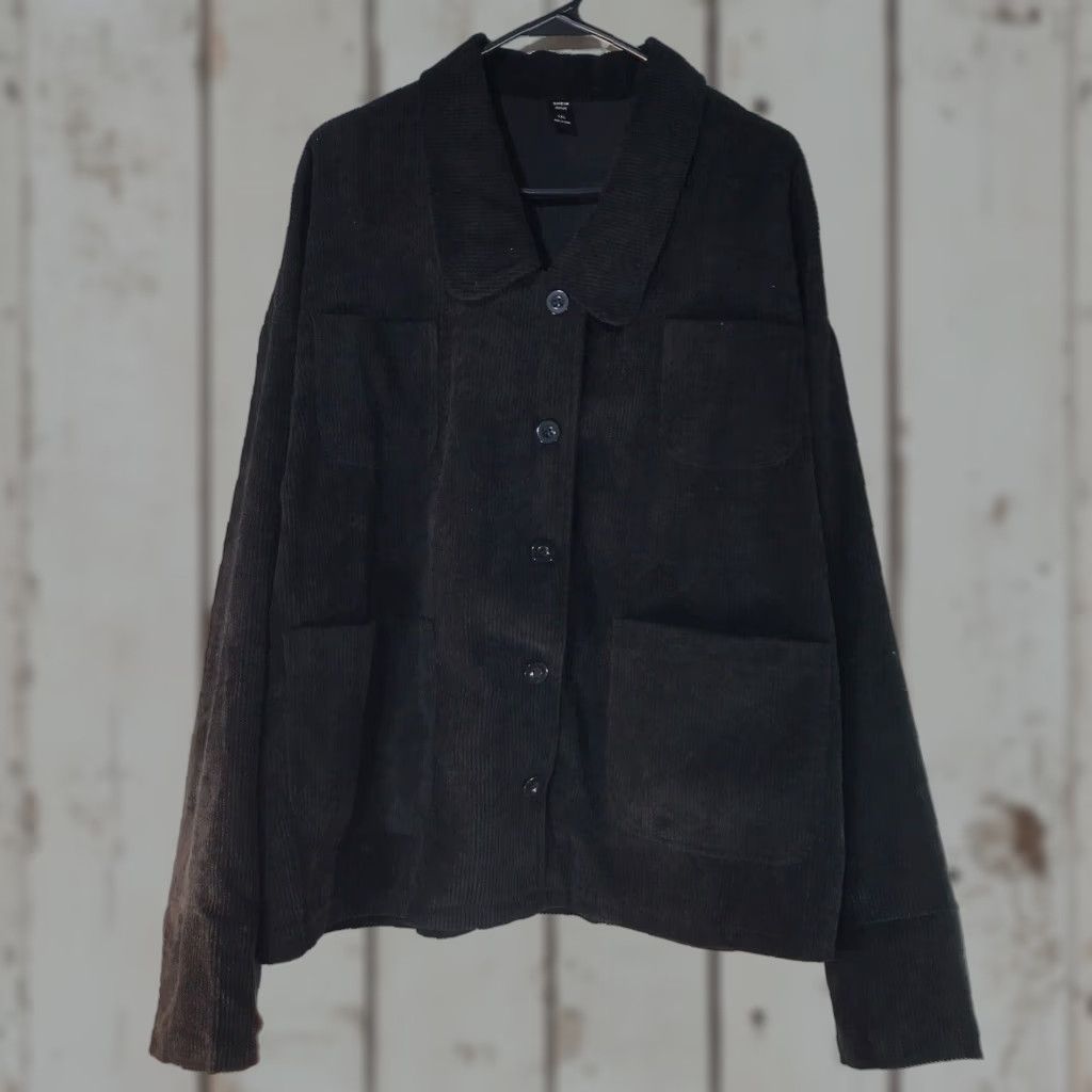 Shein SHEIN CURVE Plus Size 1X Black Corduroy Button Up Jacket for Women, Mid-Length, Long Sleeve, Casual, Workwear Size XL / US 12-14 / IT 48-50 - 1 Thumbnail