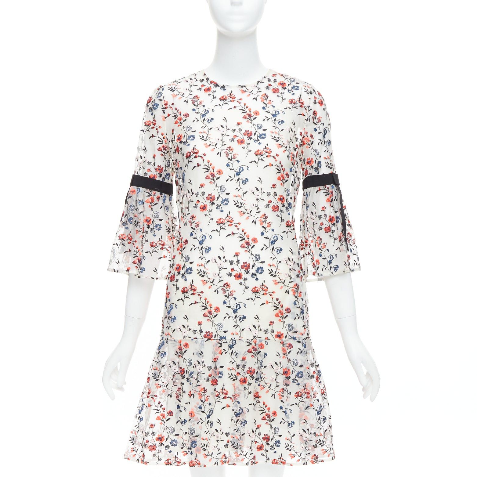 Erdem ERDEM Lissy 100% silk white red floral embroidered pleated dress UK8 S Size S / US 4 / IT 40 - 1 Thumbnail