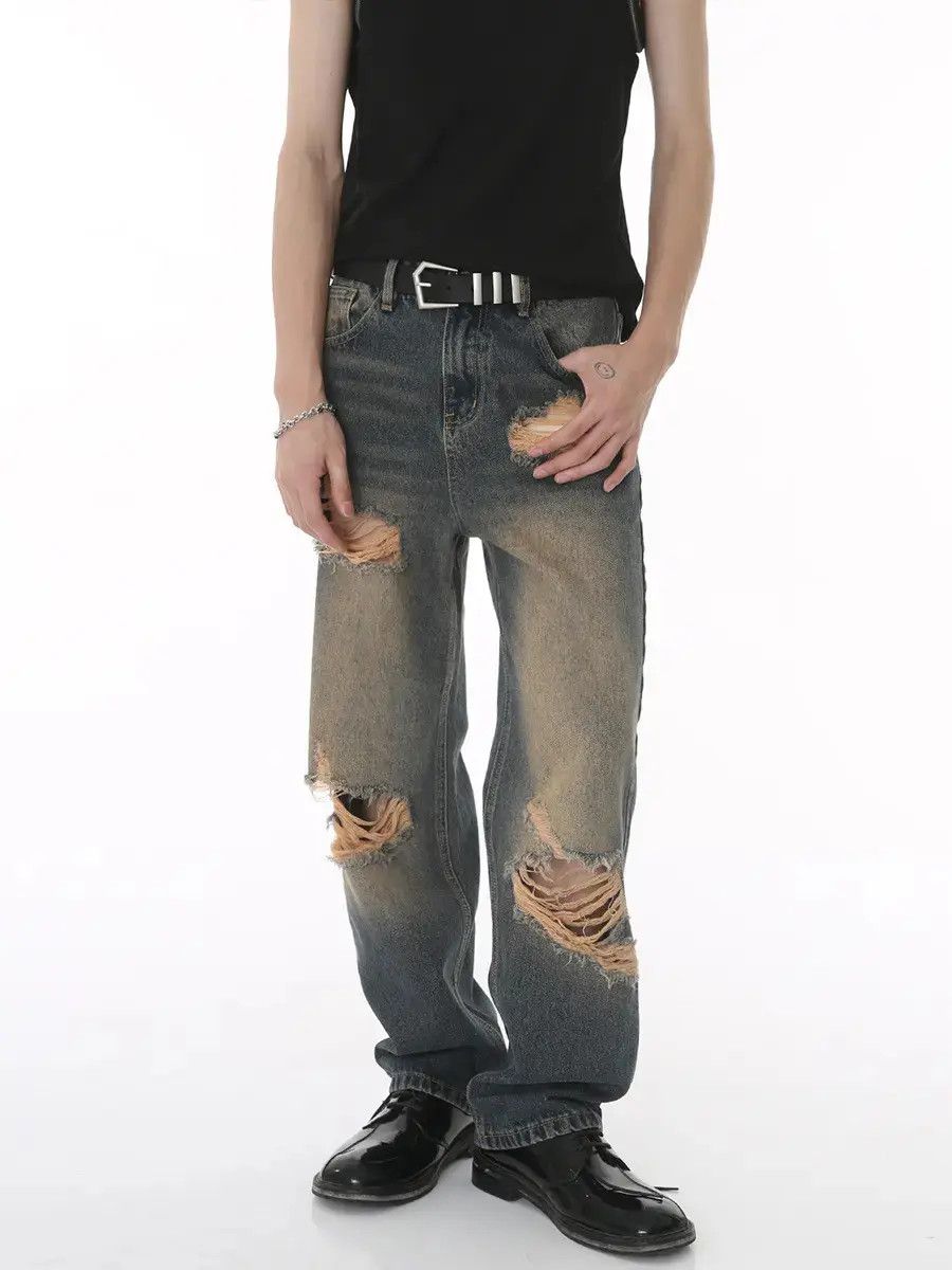 Retro straight leg hip-hop ripped jeans