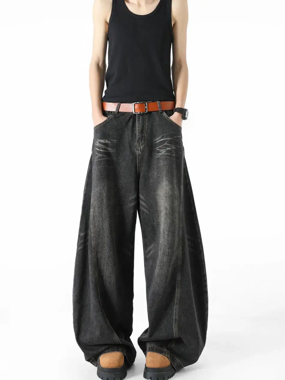 Japanese Brand Retro loose cat whisker wide leg patchwork jeans Size US 32 / EU 48 - 5 Thumbnail