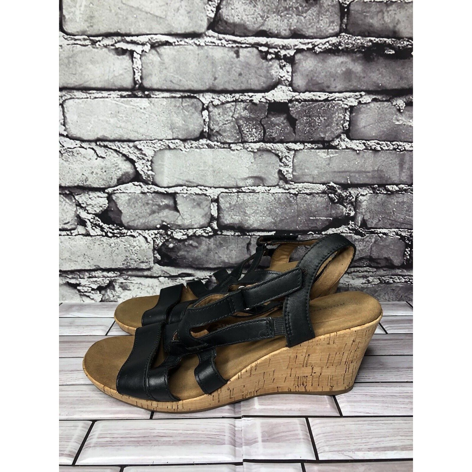 Rockport Rockport Black Leather Casual Cork Wedge Strappy Sandals Wom Size US 8.5 / IT 38.5 - 8 Thumbnail