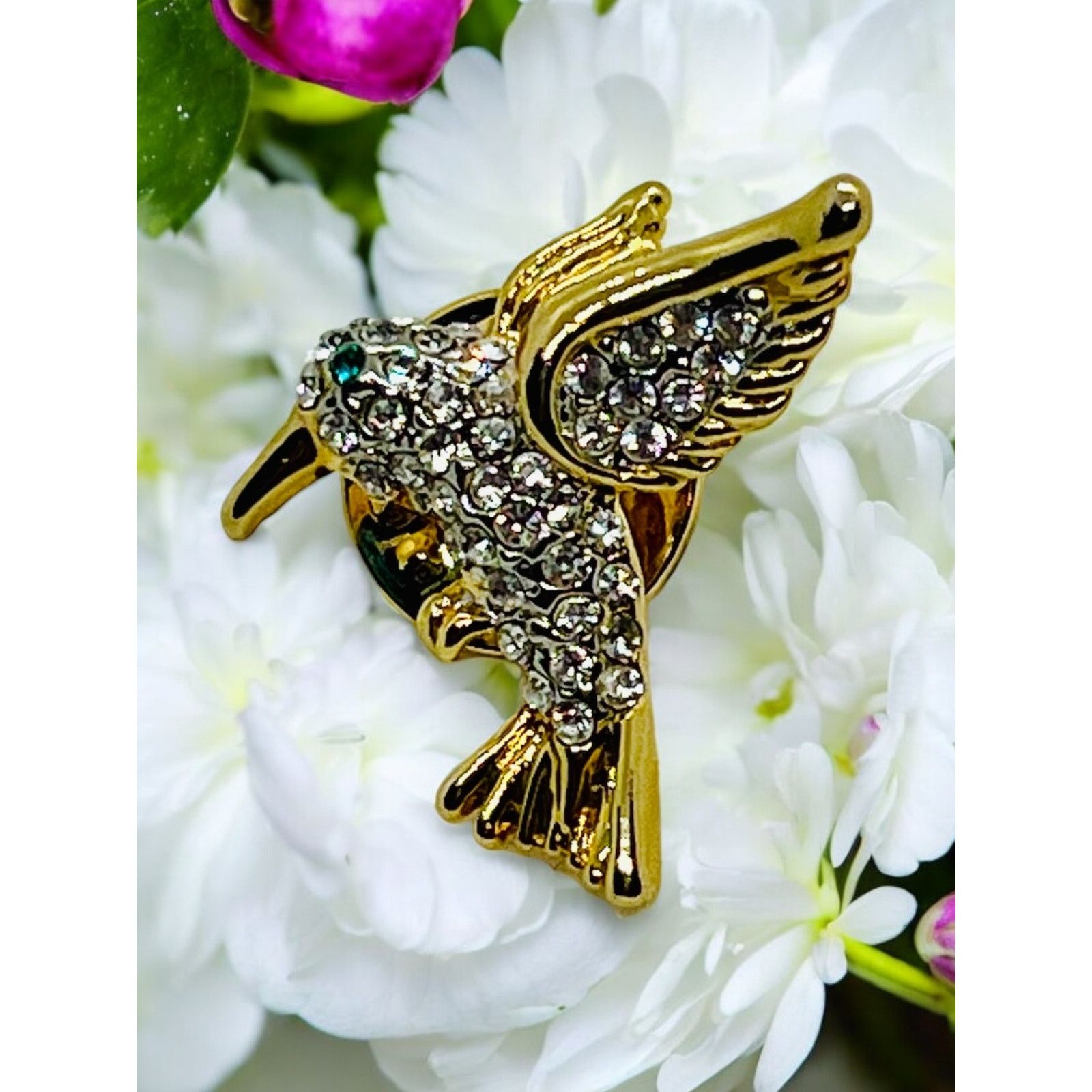 Vintage Hummingbird Pin-Crystals-Green Eye-Gold Tone-Brooch-Tie Tact Size ONE SIZE - 2 Thumbnail