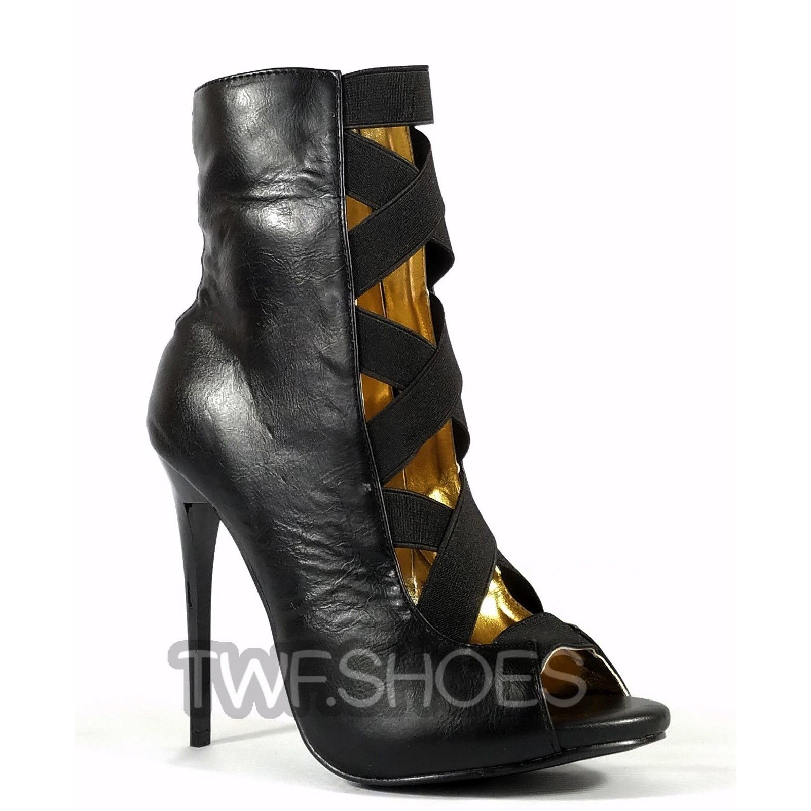 Other MM Dioselin Black Open Elastic Strap Ankle Boot 4.75" Stilet Size US 7 / IT 37 - 2 Thumbnail