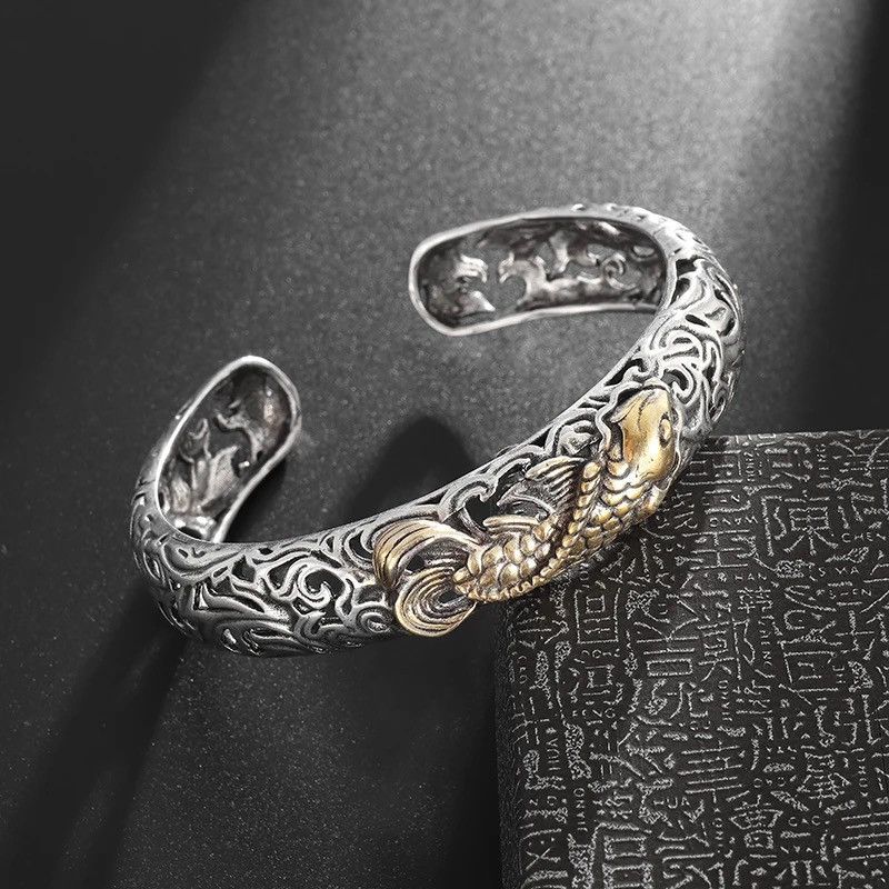 Jewelry × Vintage Koi Fish Carved Pattern Bangle Size ONE SIZE - 5 Thumbnail