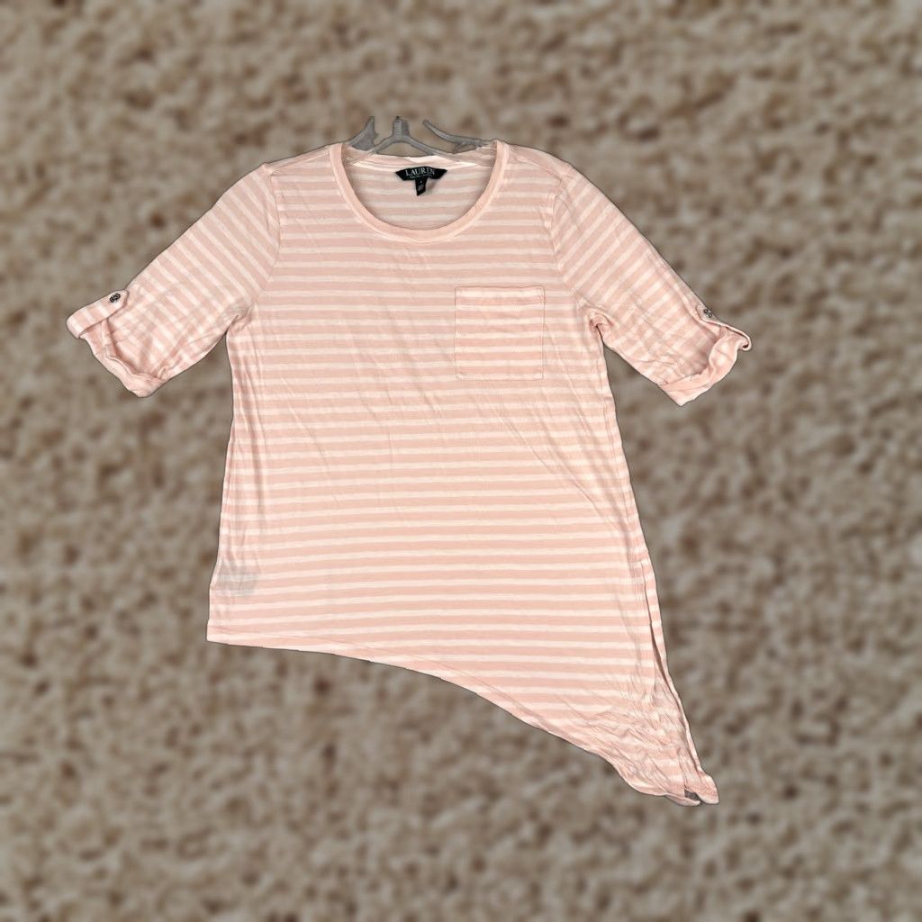 Ralph Lauren LAUREN RALPH LAUREN Shirt Women Small Pink White Stripe Crew Pocket High-Low Hem Size S / US 4 / IT 40 - 1 Thumbnail