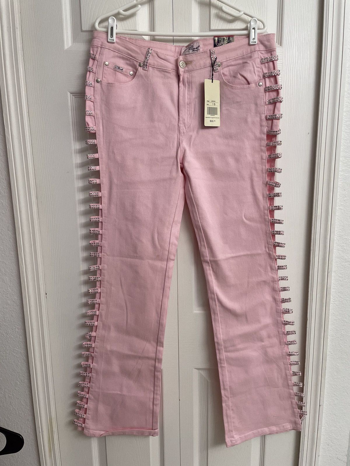 Vintage Platinum Plush Open Leg Rhinestone Jeans Pink New Size 15 Size 38" / US 16 / IT 52 - 1 Thumbnail