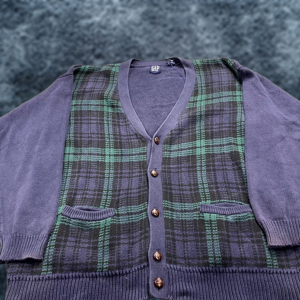 Gap VINTAGE Gap Sweatshirt Mens XL Blue Grandpa Plaid Knit Cardigan Cotton 90s Size US XL / EU 56 / 4 - 1 Thumbnail
