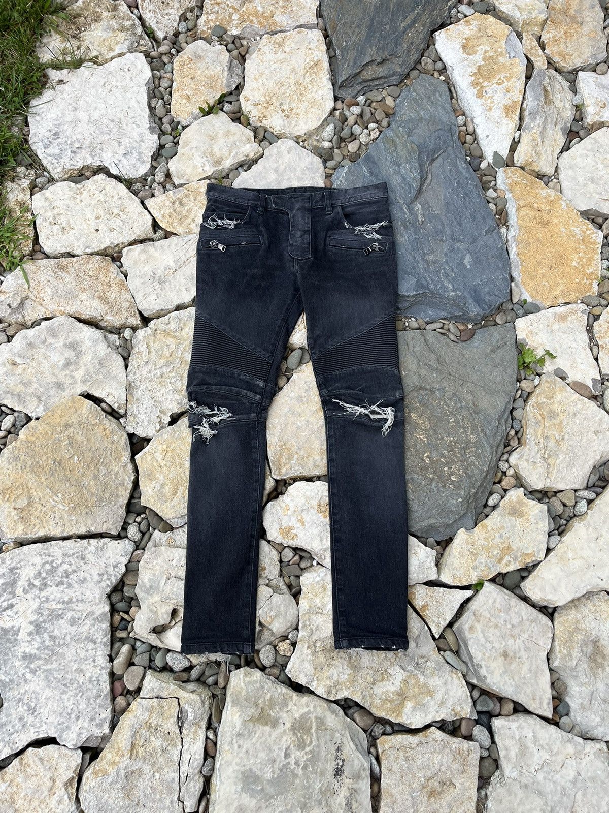 Balmain × Japanese Brand Balmain biker jeans pants 29 washed denim black distressed Size US 29 - 1 Thumbnail