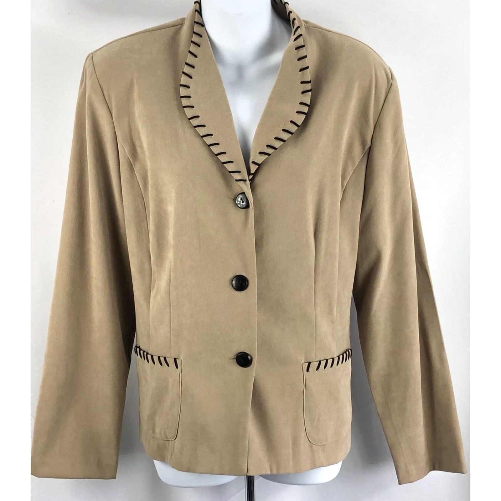 Vintage VINTAGE Studio 1940 Blazer Jacket 14 Brown Microsuede Whipstitch Trim 3Button Western Boho Casual Women Size XL / US 12-14 / IT 48-50 - 5 Thumbnail