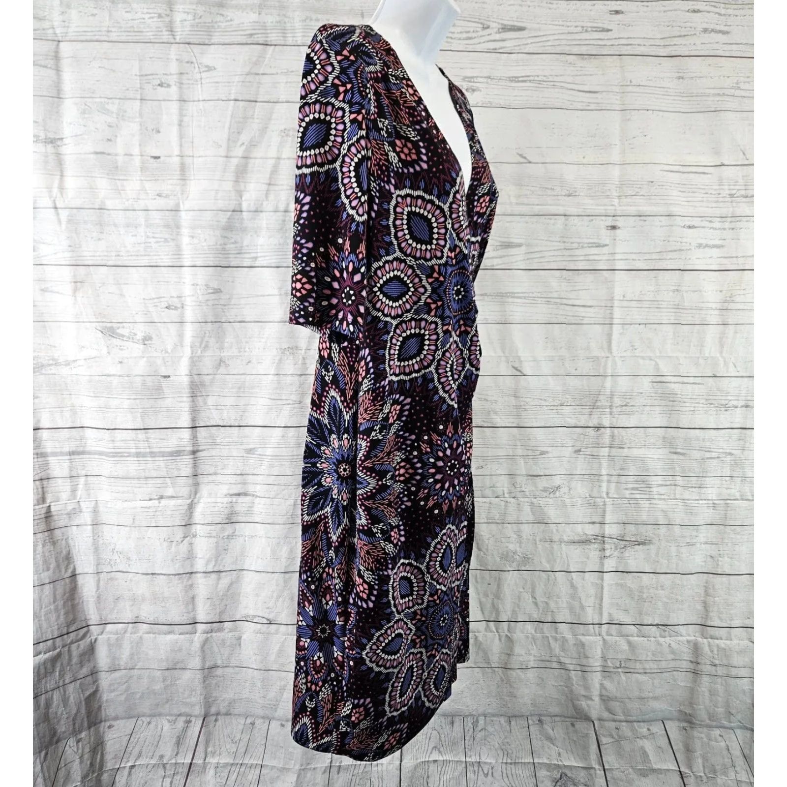 Vintage Connected Apparel Womens Faux Wrap Dress Sz 10P Black Pink Half Sleeves V-Neck Size L / US 10 / IT 46 - 3 Thumbnail