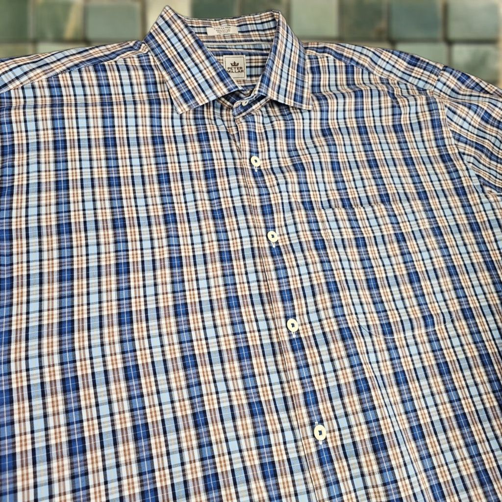 Peter Millar Peter Millar Shirt Mens Size XL Blue Brown Check Long Sleeve Button Up Size US XL / EU 56 / 4 - 1 Thumbnail