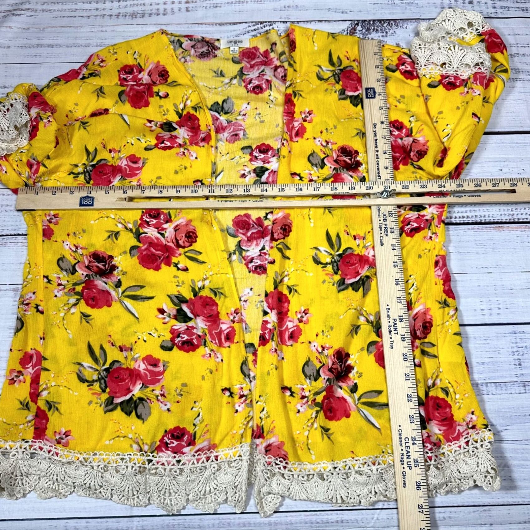 Vintage UMGEE Womens Open Front Lace Trim Kimono Top Size S Yellow Floral Print Blouse Size S / US 4 / IT 40 - 2 Thumbnail