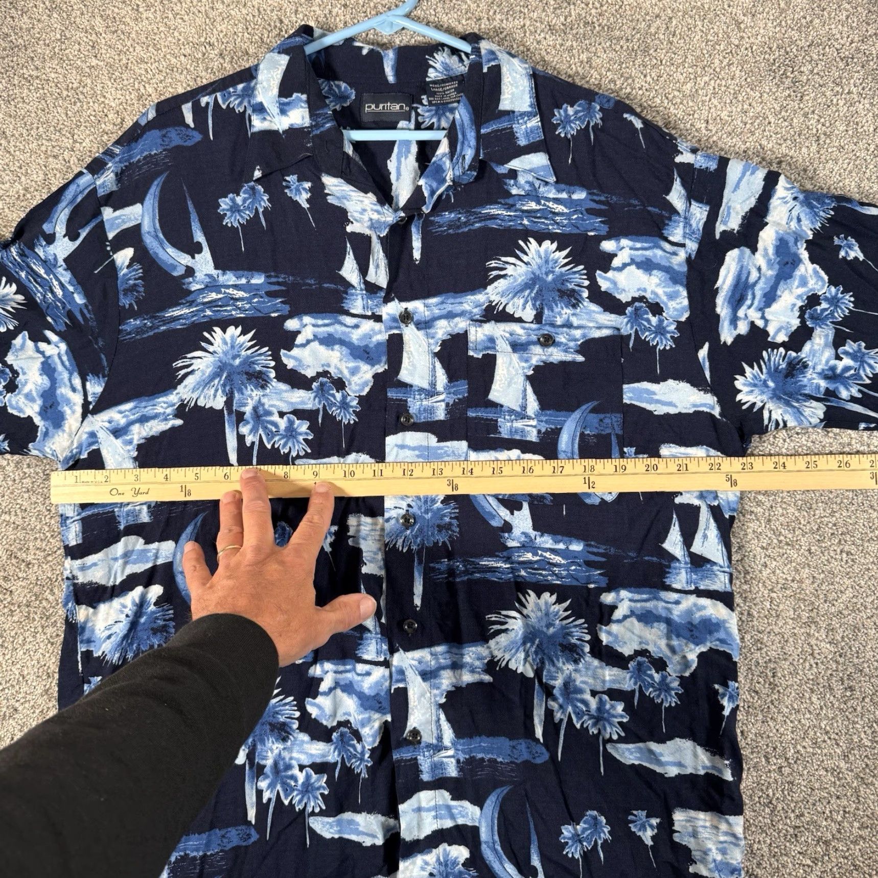 Vintage VINTAGE Hawaiian Shirt Large L Blue Rayon Button-Up 90s Hawaiian Moon Palm Summer Camp Vacation Coastal Surf Men Mens Size US L / EU 52-54 / 3 - 3 Thumbnail