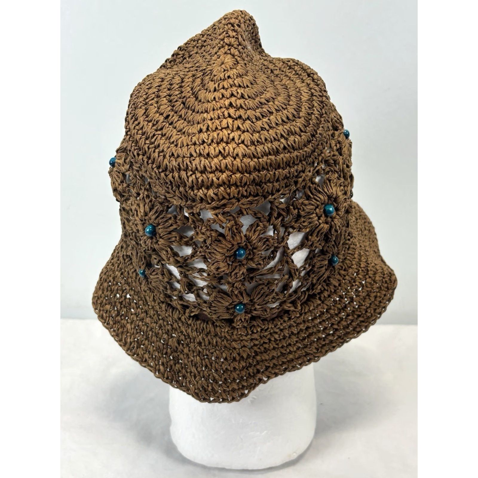 Vintage Unbranded Hat Bucket Crochet Raffia Bead Women’s Blue Brown One Size Y2K Hippie Indie Grunge Womens Size ONE SIZE - 4 Thumbnail