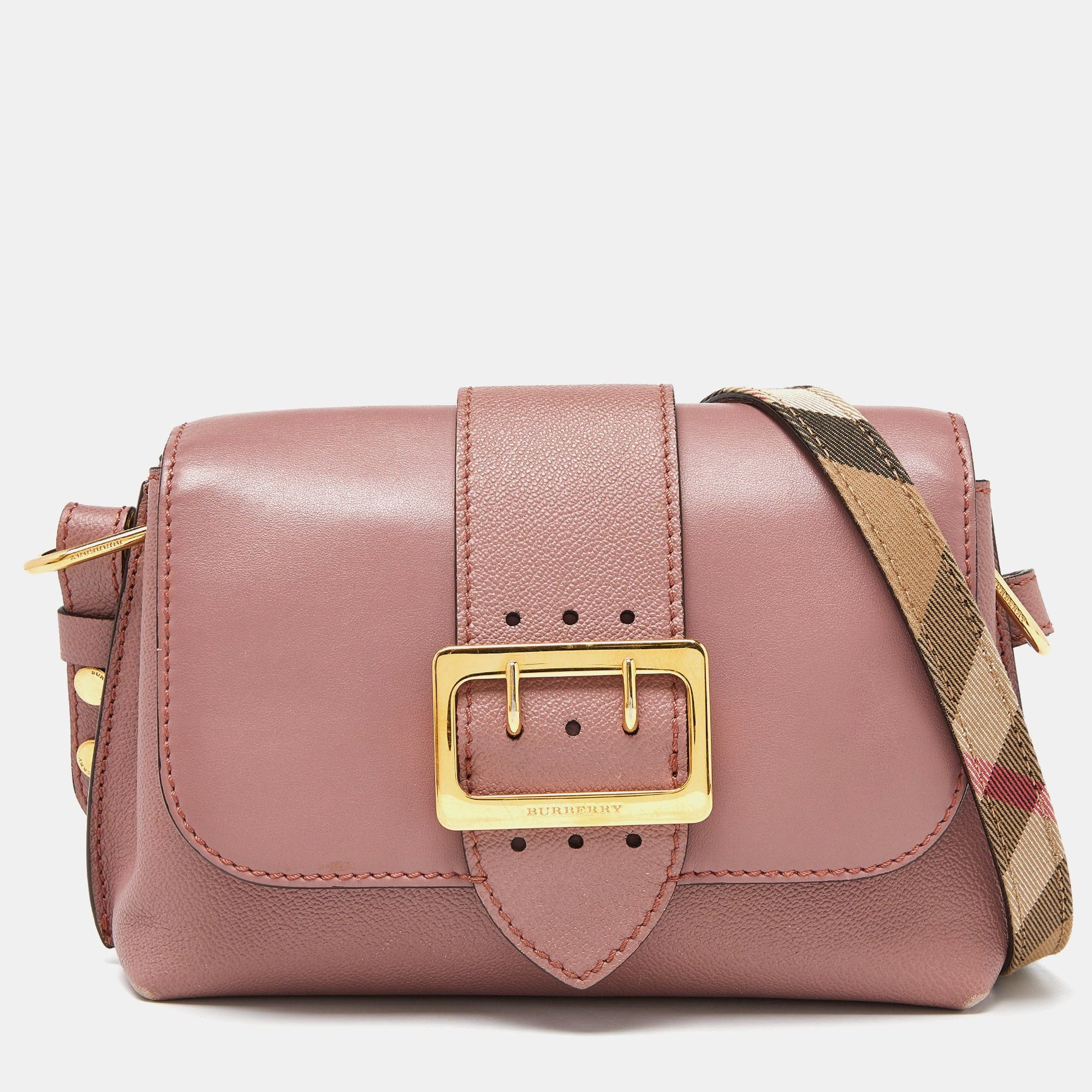 image of Burberry Blush Pink Leather Small Buckle Crossbody Bag, Women's