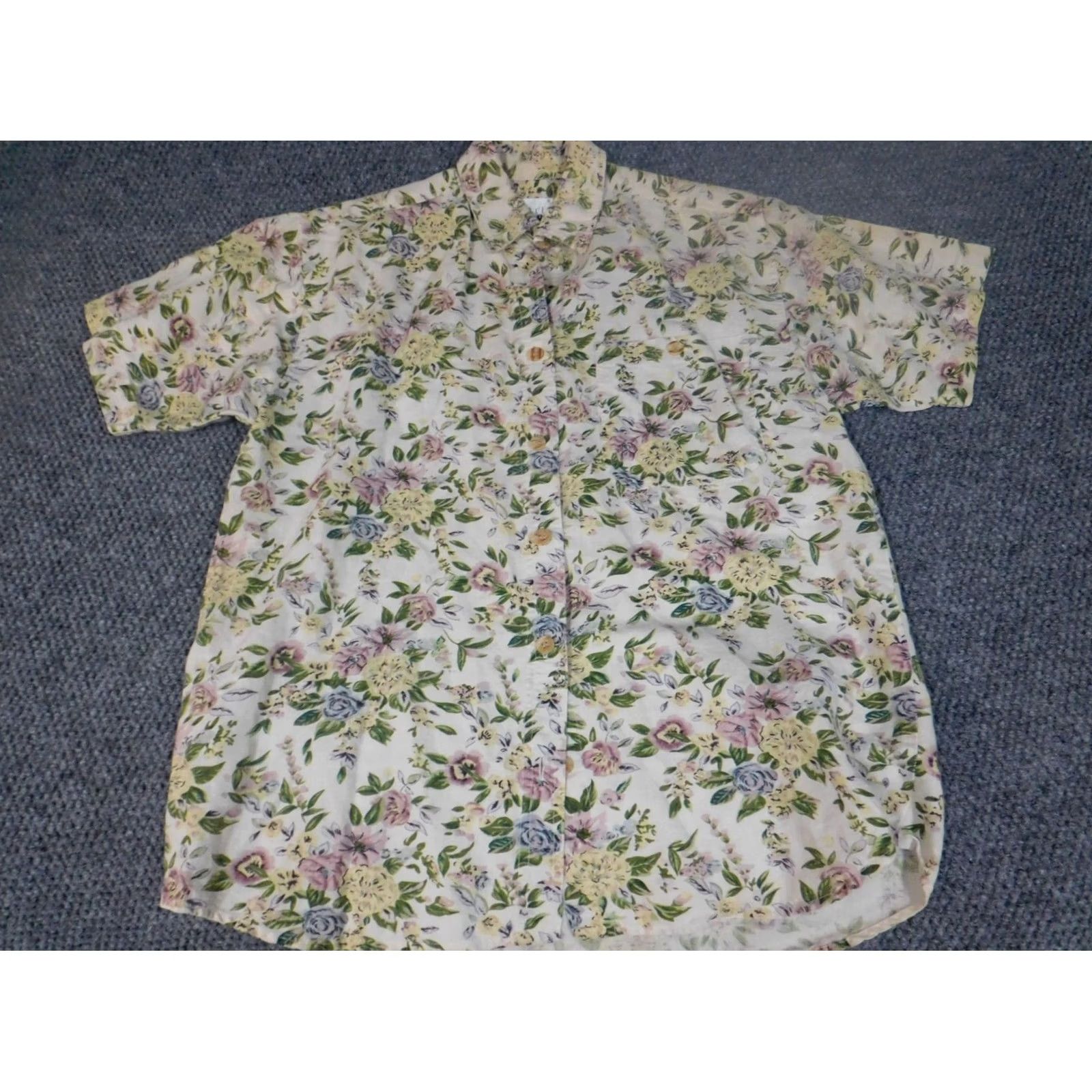 Vintage Carolina Colours Womens Blouse S Yellow Floral Short Sleeve Button Crew Neck Cotton Linen Casual Size S / US 4 / IT 40 - 2 Thumbnail