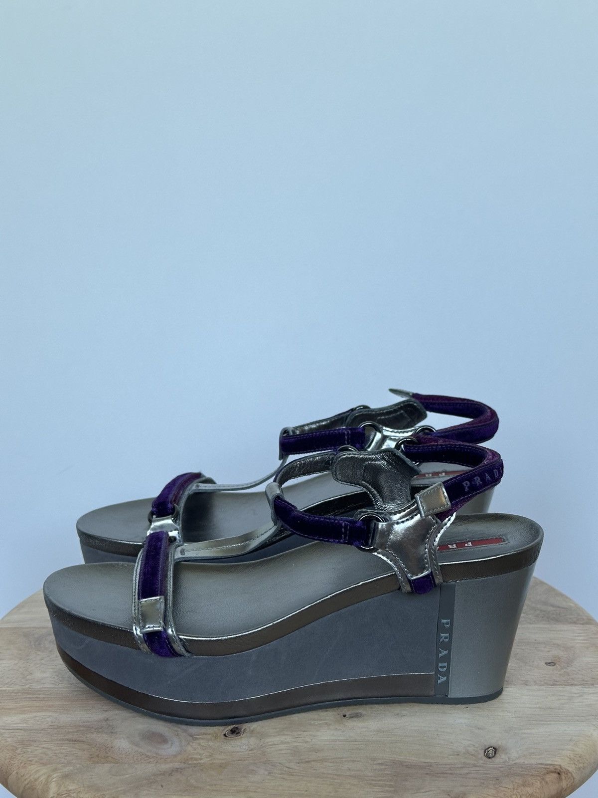 Prada Prada wedge sandals leather velvet grey / purple with box Size US 6 / IT 36 - 2 Thumbnail