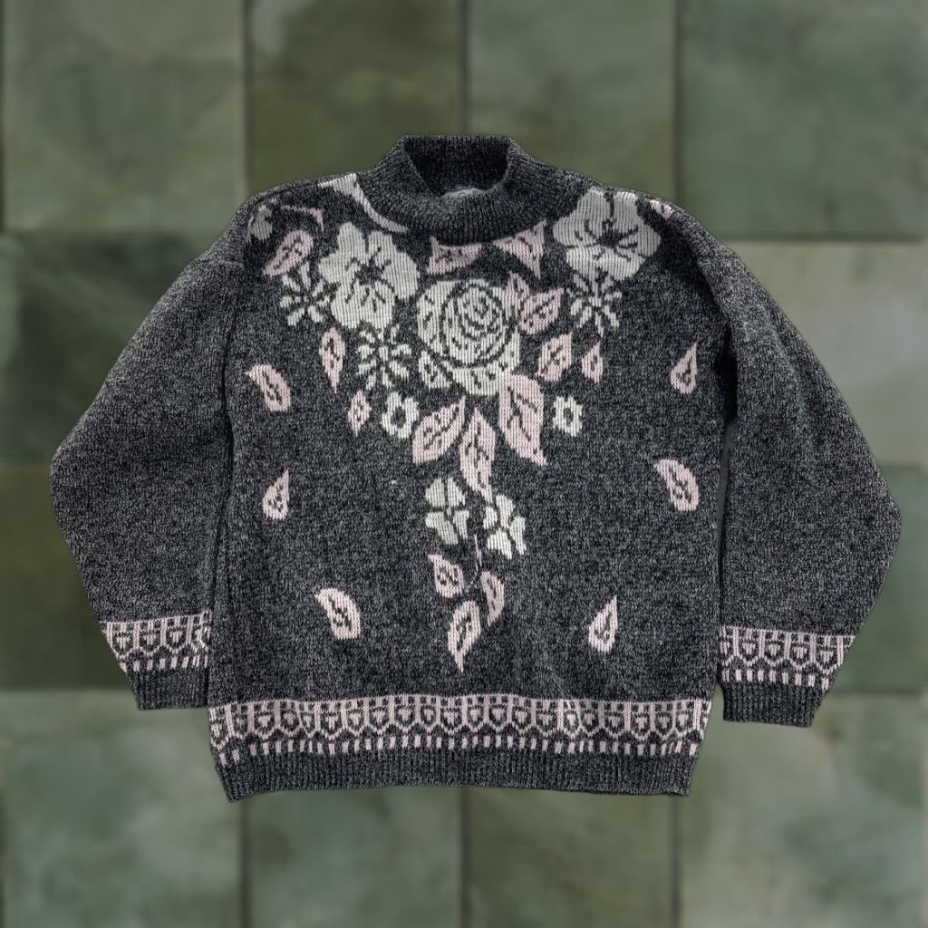 Vintage Kate Collins Sweater Womens Large Gray Pink Rose Print Pullover Vintage United States Made Knit Mock Neck Winter Fall 1980s Mens Womens Size L / US 10 / IT 46 - 1 Thumbnail