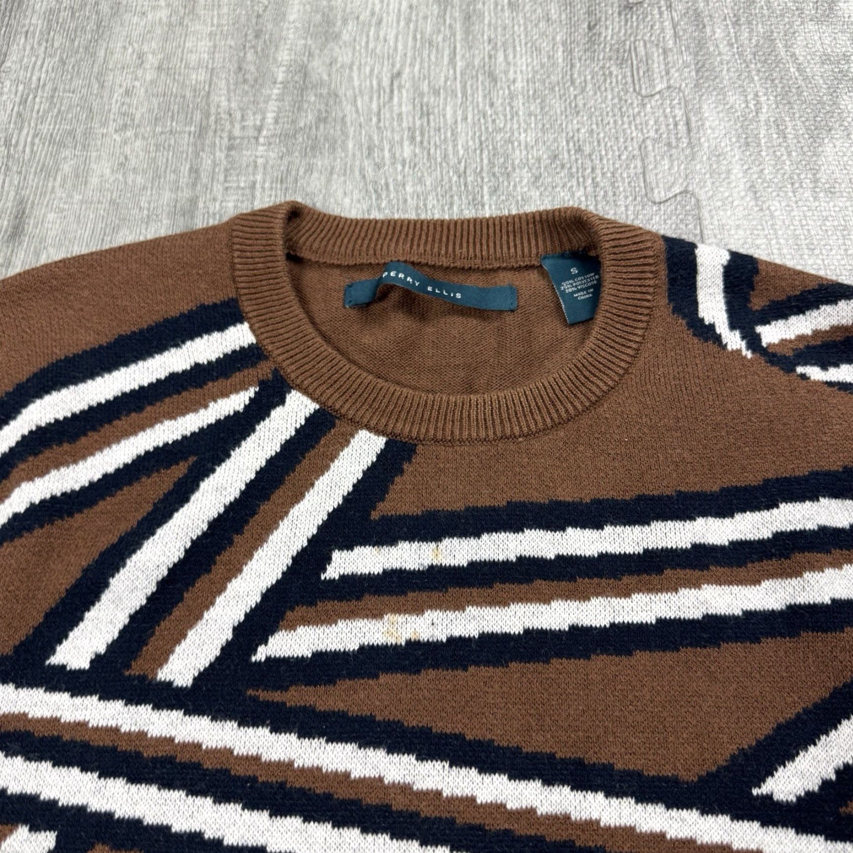 Perry Ellis MENS Perry Ellis Geometric Knit Sweater Crew Neck Brown SZ S / Regular Fit / Cotton Blend Abstract Art Pattern Size US S / EU 44-46 / 1 - 2 Thumbnail