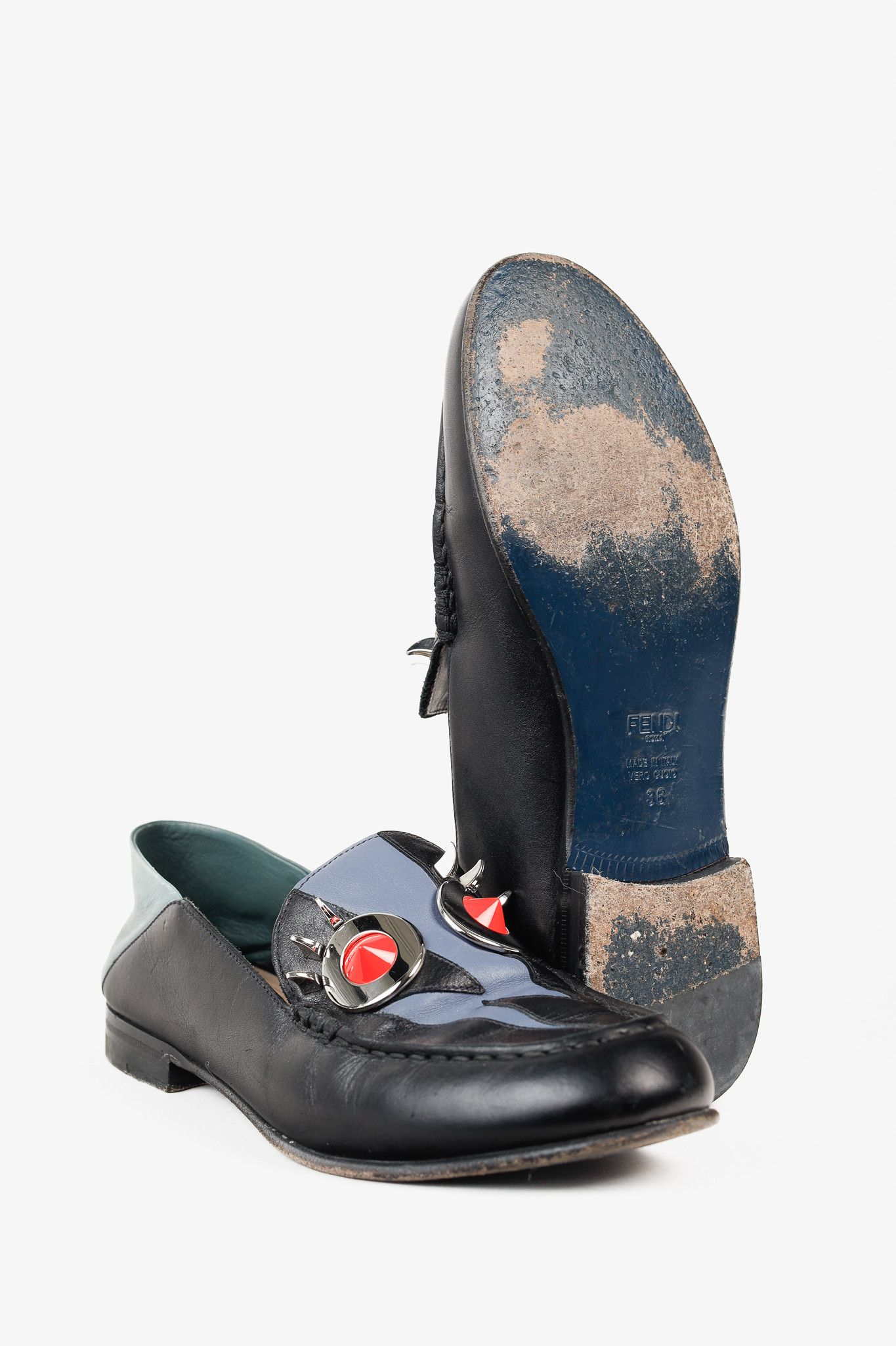 Fendi Fendi Monster Thunderbolt Eye Black Silver Studded Loafers Size US 5.5 / IT 35.5 - 4 Thumbnail