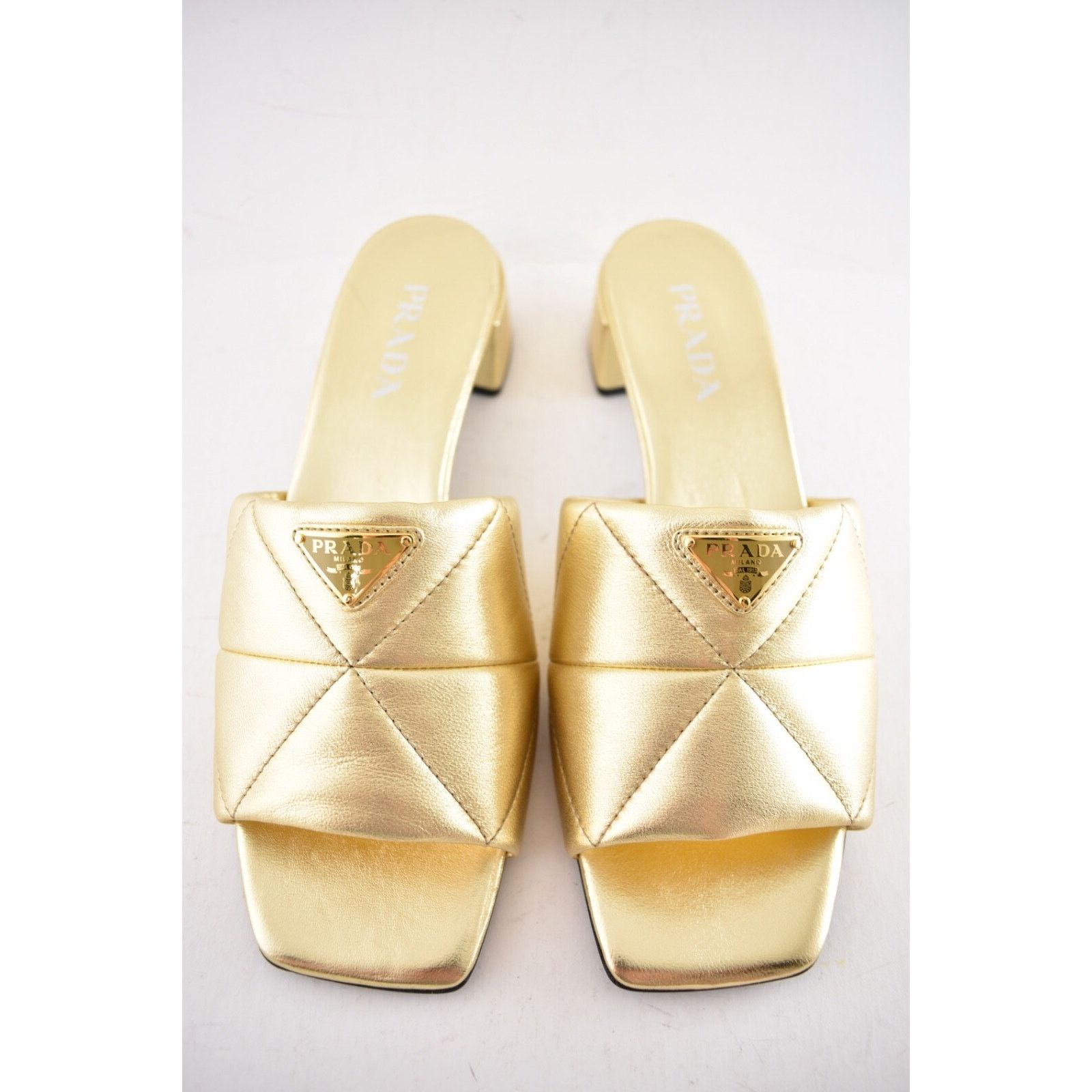 Prada Prada Quilted Leather Diagram Gold Slide Sandal Heel 40.5 Size US 10.5 / IT 40.5 - 8 Thumbnail