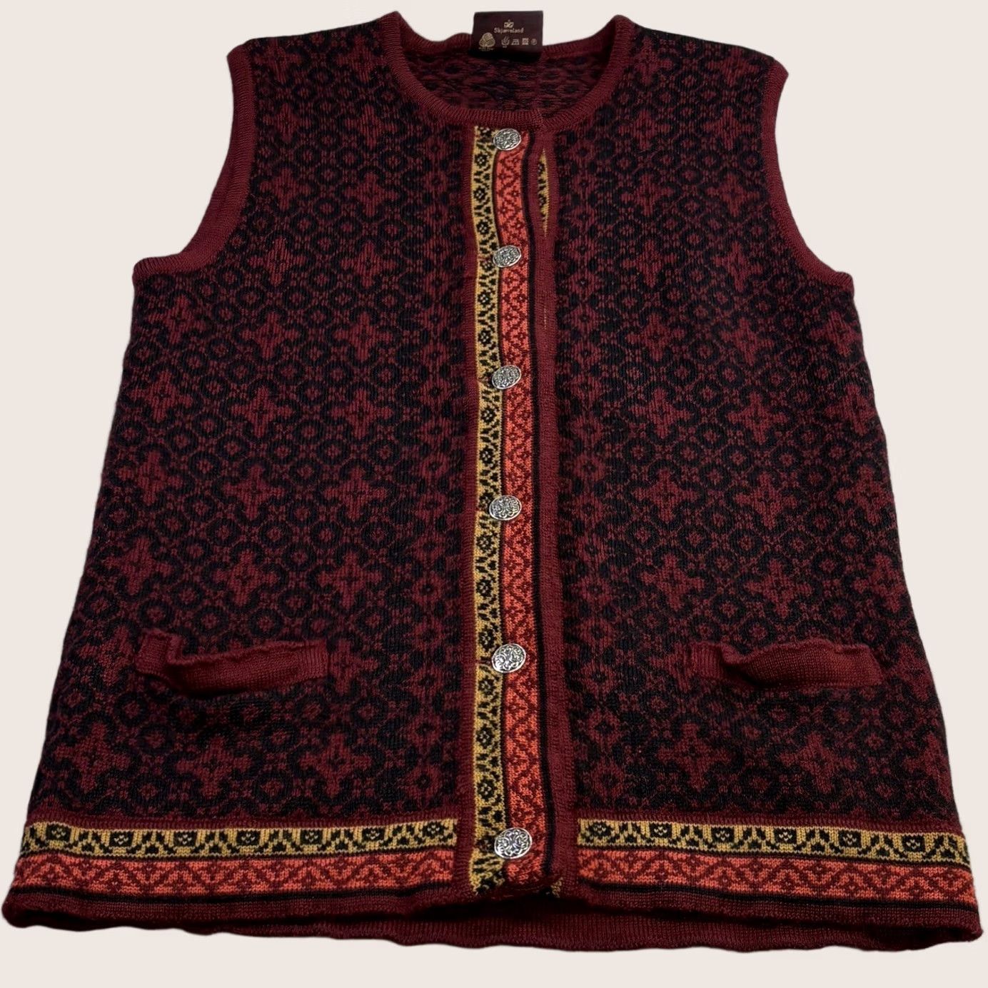 Vintage VINTAGE Telemark Nordic Wool Sleeveless Jumper Women’s Large Red Multi Knit Patterned Round Neck Cardigan Sleeveless, Velvet? Size L / US 10 / IT 46 - 1 Thumbnail