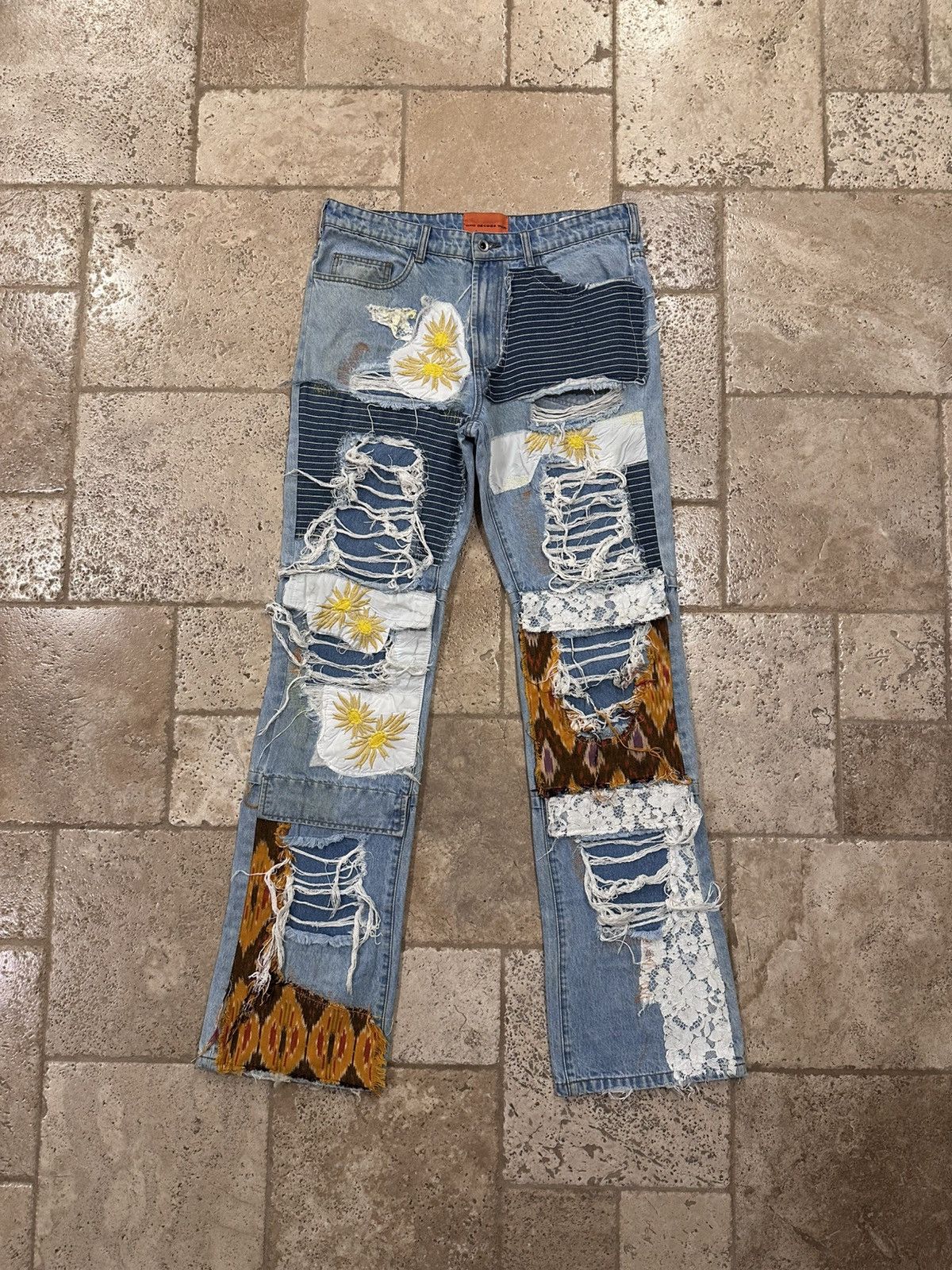Who Decides War Who Decides War Yellow Sun Floral Patches Blue Denim Jeans Size US 34 / EU 50 - 1 Thumbnail