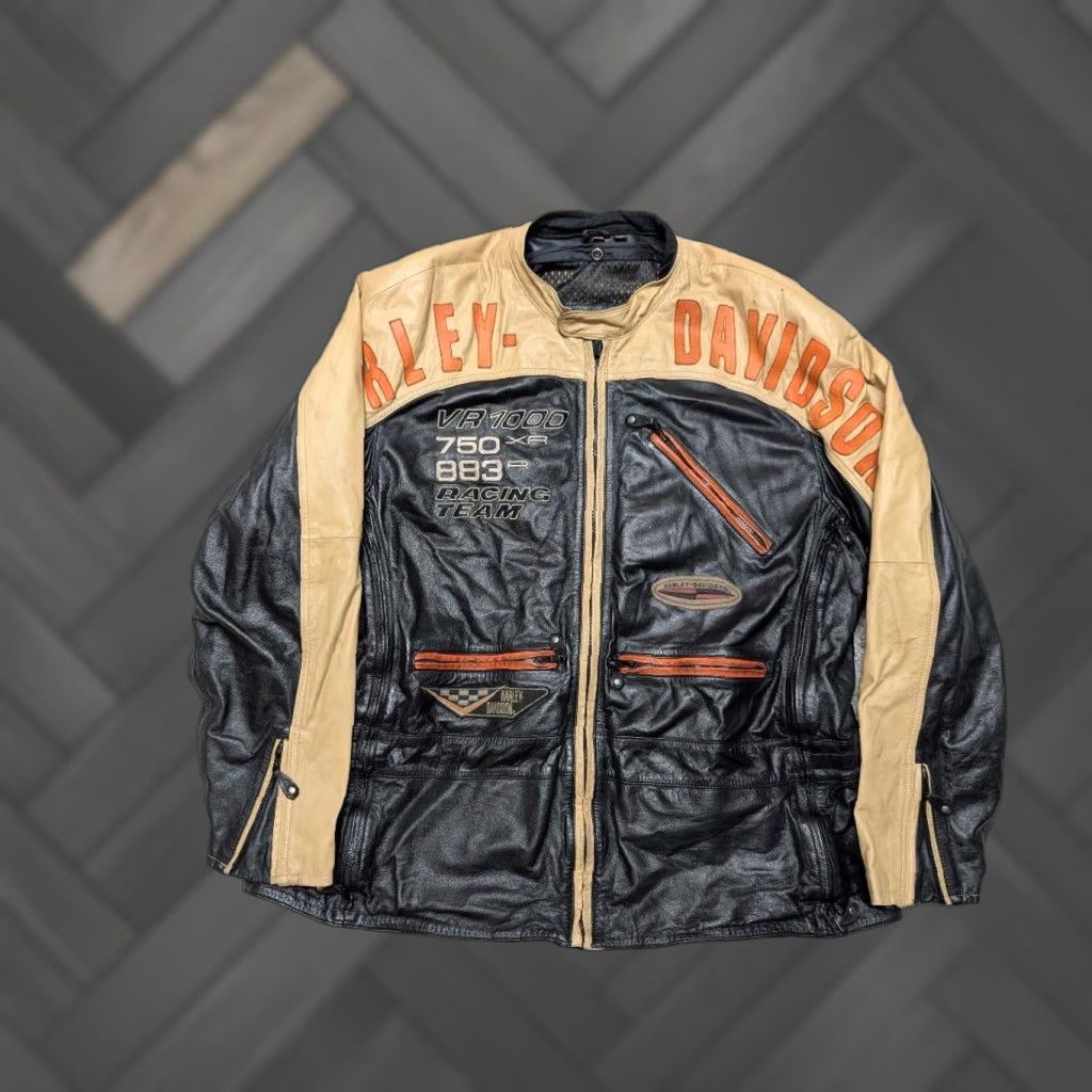 Harley Davidson VINTAGE Harley-Davidson leather Motorcycle Jacket 3XL Mens Black Racing Team cafe racer Size US XXL / EU 58 / 5 - 1 Thumbnail