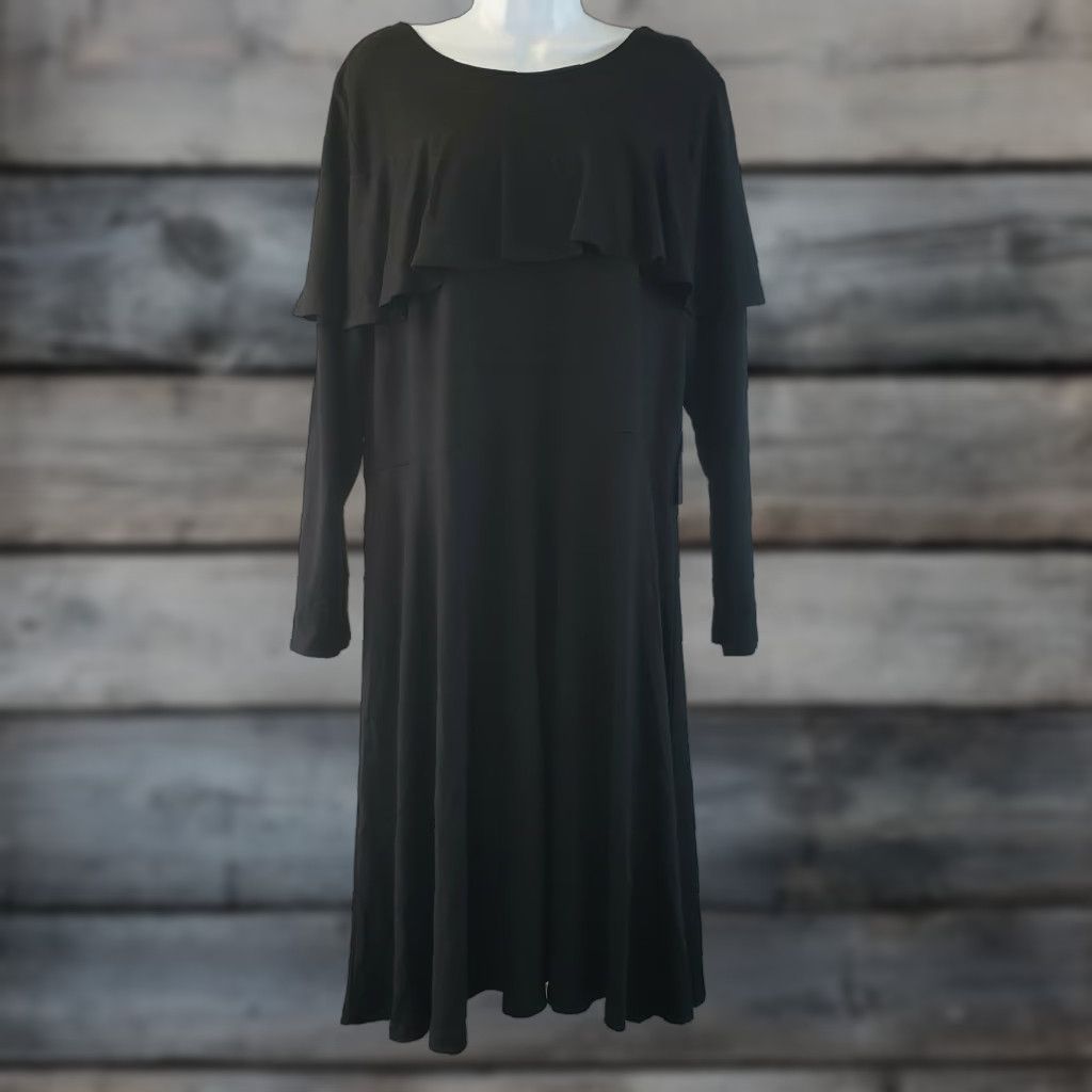 Vintage VINTAGE Eloquii Womens Dress Sz 20 Solid Black Long Sleeve Ruffle Rayon Blend Knee Length Womens Size 3XL / US 20-22 - 1 Thumbnail
