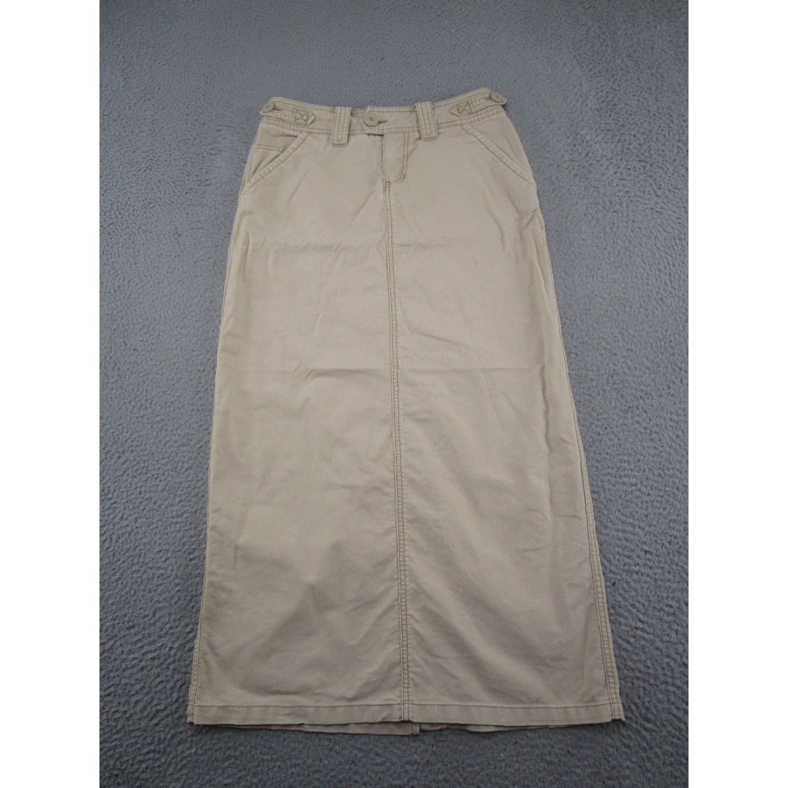 Vintage VTG Maurices Maxi Skirt Womens Size 4 Beige Cotton Back Slit Pockets Button 1990s City Preppy Fall Spring Summer Women Size 27" / US 4 / IT 40 - 2 Thumbnail