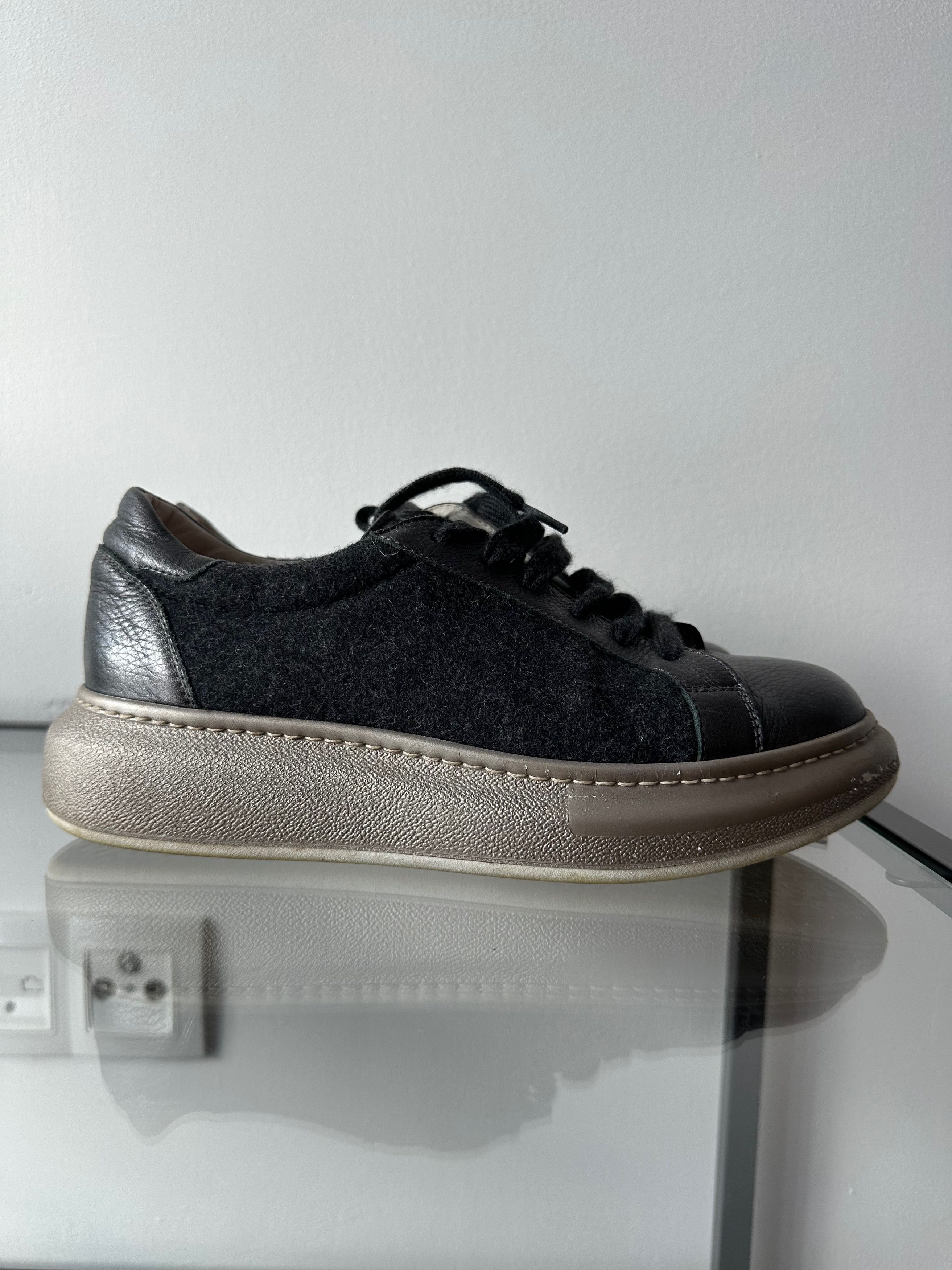 Brunello Cucinelli Brunello Cucinelli Dark Grey Wool Leather Platform Sneakers Size US 8.5 / IT 38.5 - 16 Thumbnail