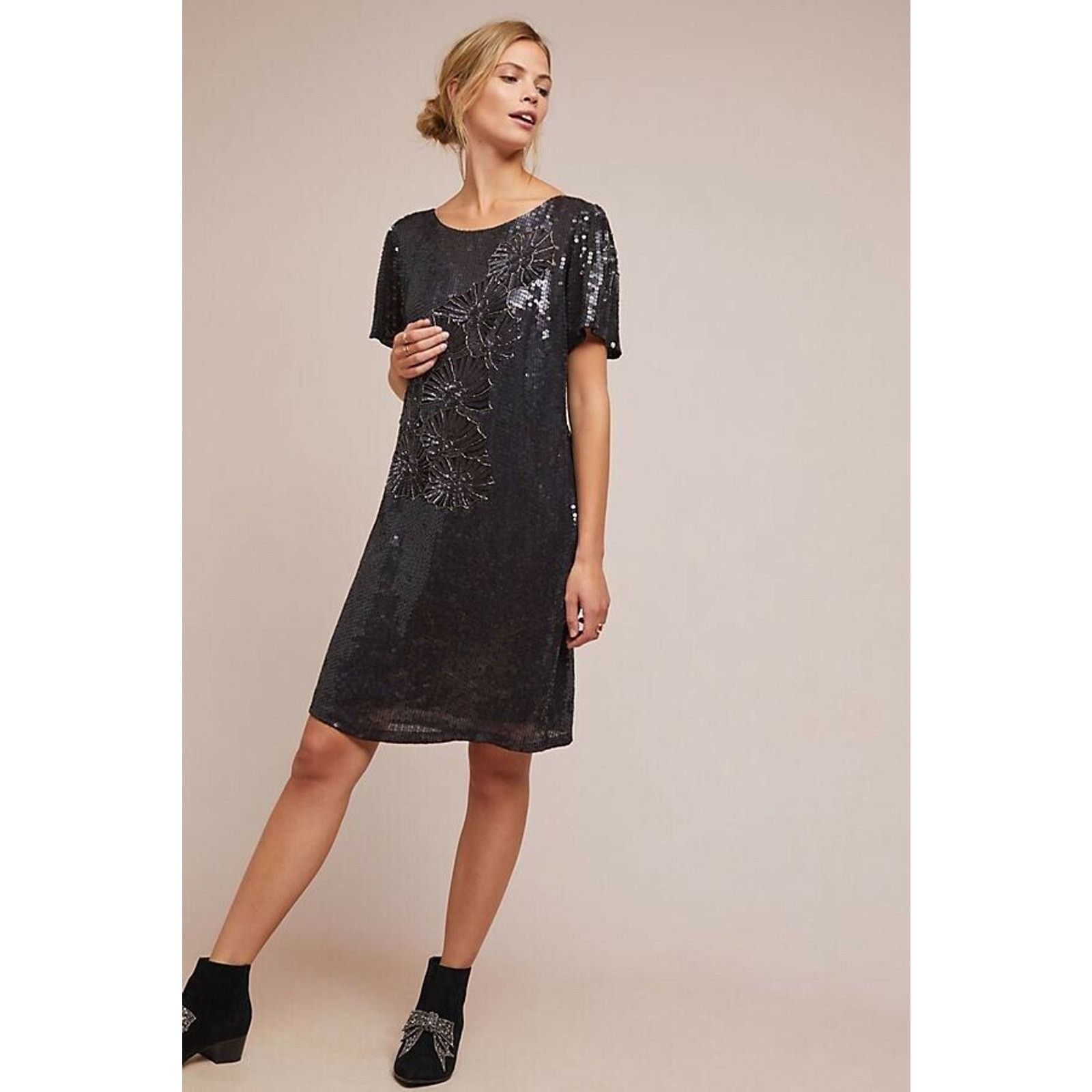 slim fit dress slacks Anthropologie Rose Gold Sequin Dress with Velvet Waist Belt and Tags  Attached (XL)