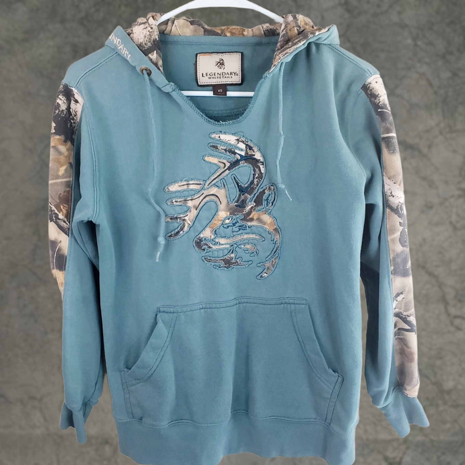 Vintage Legendary Whitetails Hoodie Mens XS Teal Camo Buck Cutout Kangaroo Pockets Nightfree? Size US XS / EU 42 / 0 - 1 Thumbnail