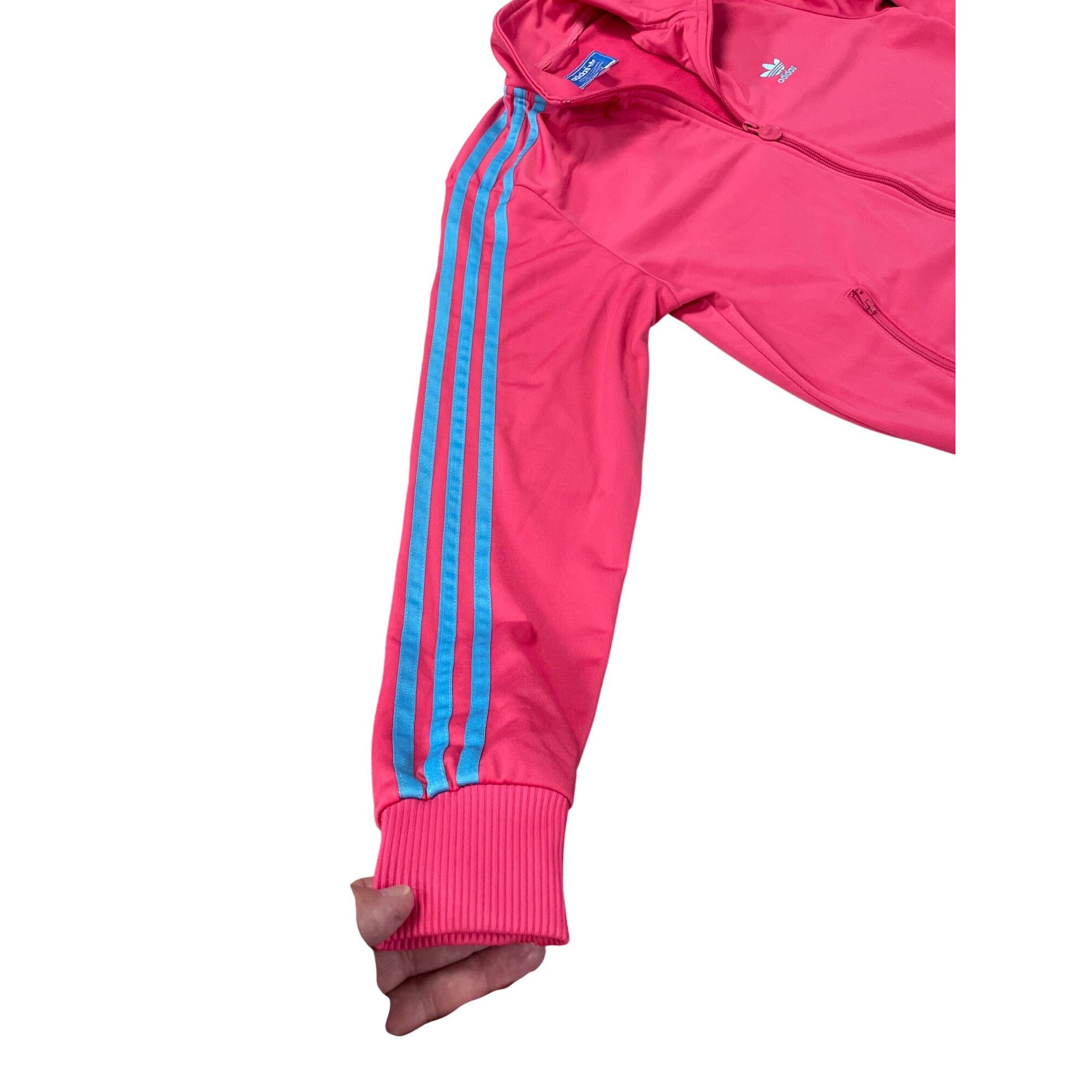 Adidas Adidas Womens Pink Track Jacket With Blue Stripes Size L SKU Size L / US 10 / IT 46 - 2 Thumbnail