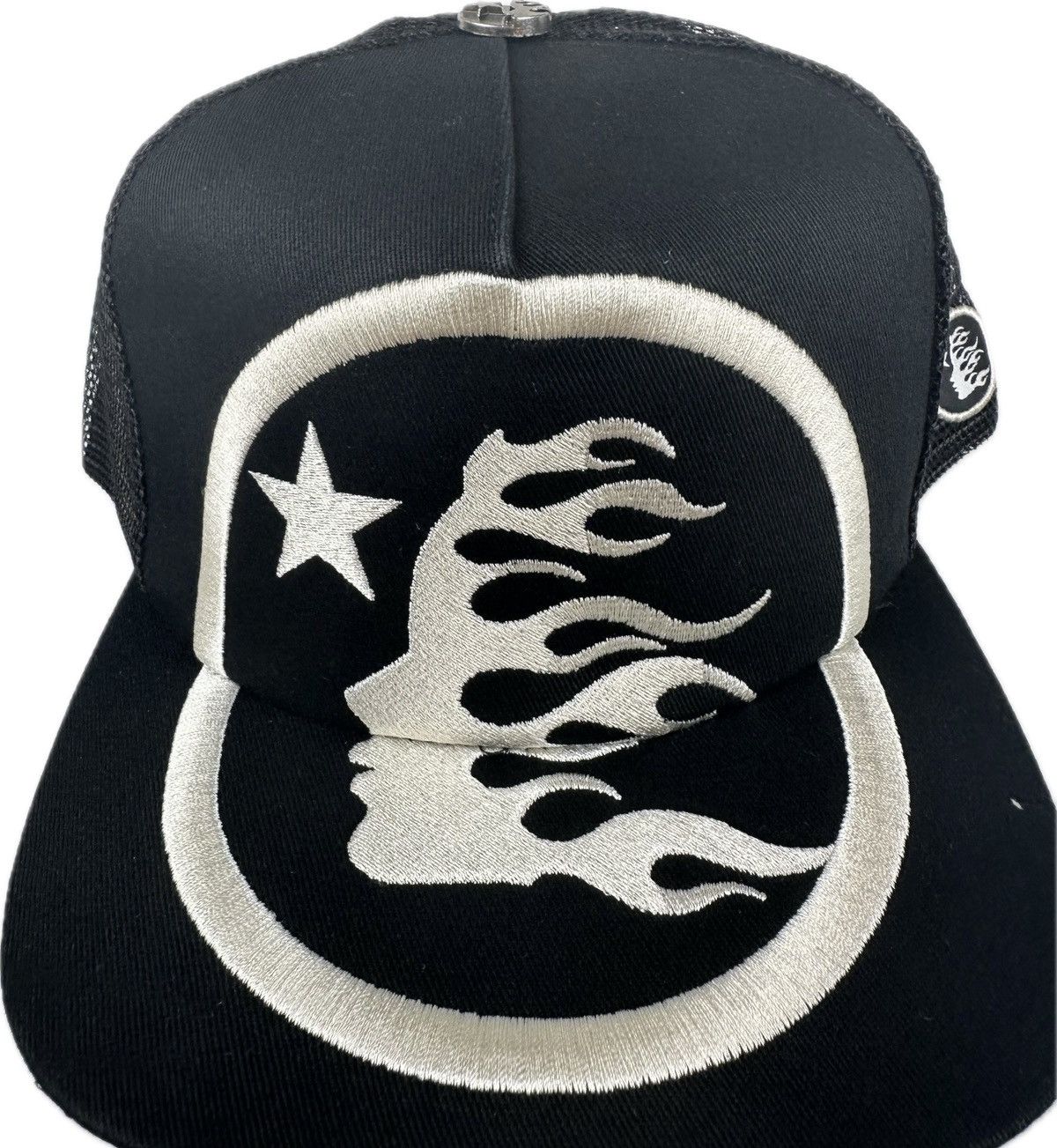 image of Hellstar Big Logo Trucker Snapback Hat in Black, Men's
