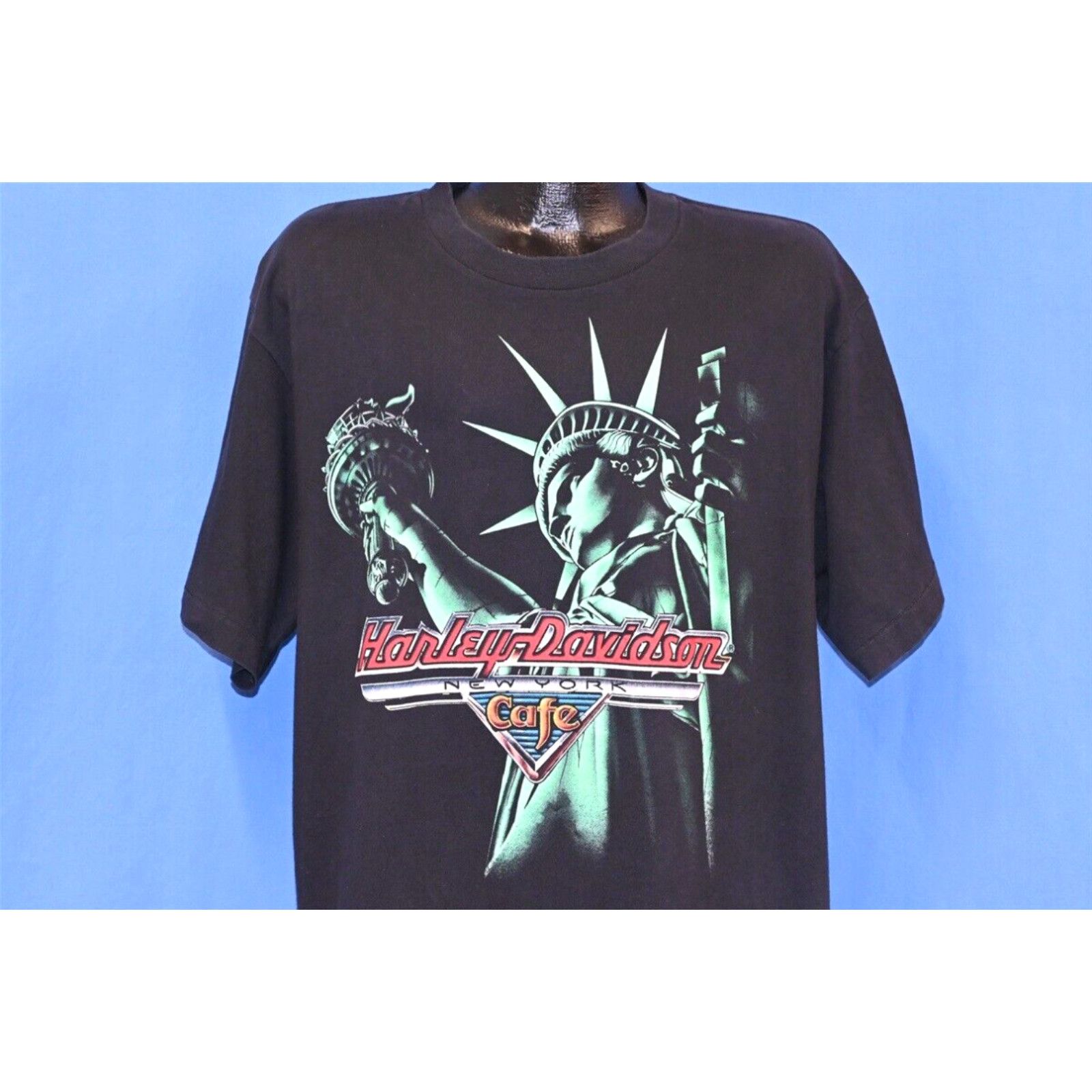 image of VTG 90's Harley Davidson Cafe Motorcycle Statue Liberty New York City T-Shirt XL in White, Men's