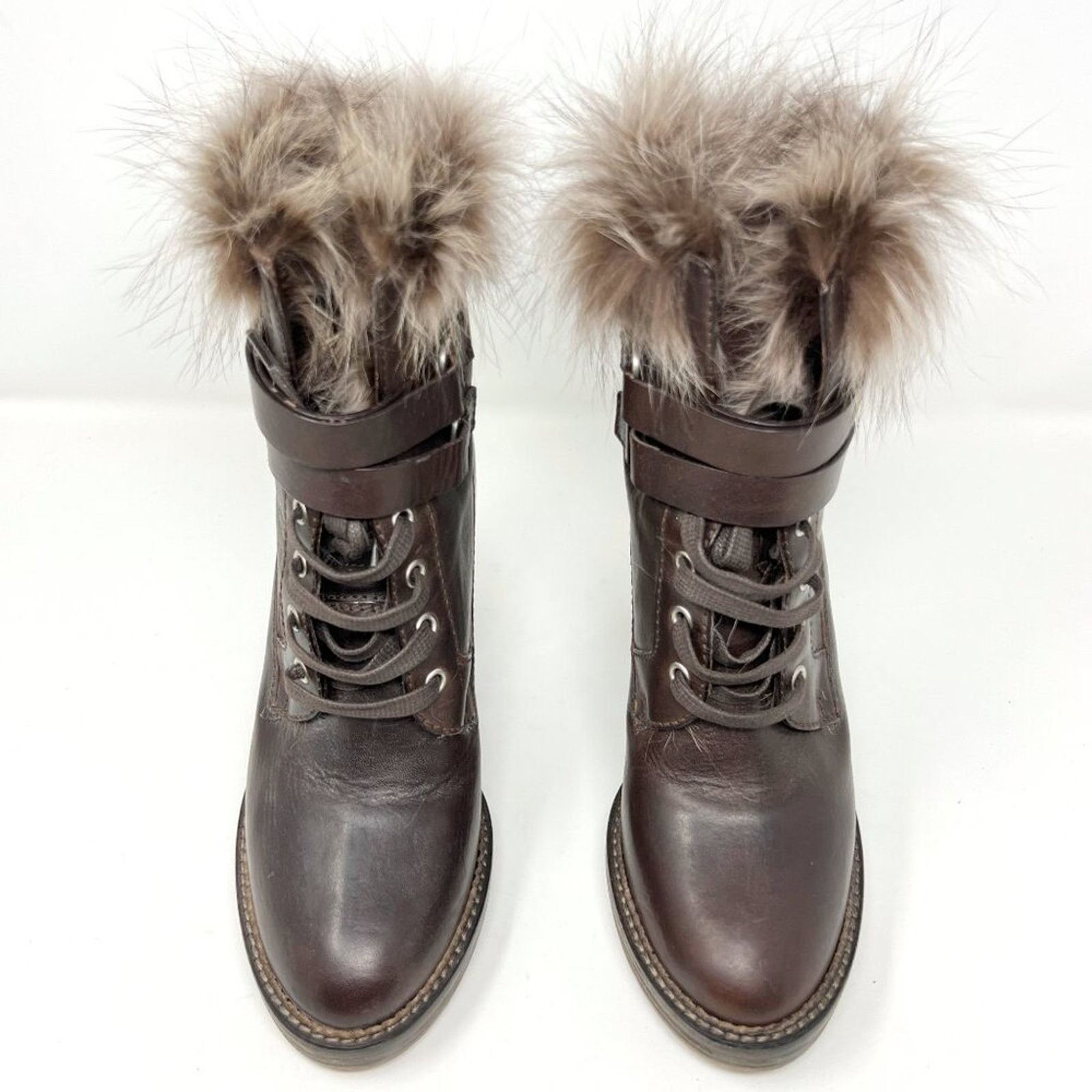 Brunello Cucinelli Brunello Cucinelli Brown Leather Fur Lace-Up High Heel Boots Size US 7.5 / IT 37.5 - 2 Thumbnail